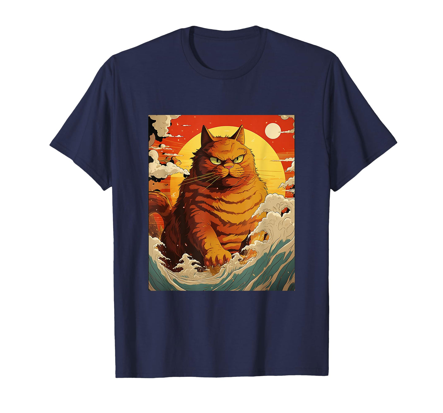 Catzilla Vintage Funny Cute Cat Art Japanese Sunset Waves T-Shirt for Men Women