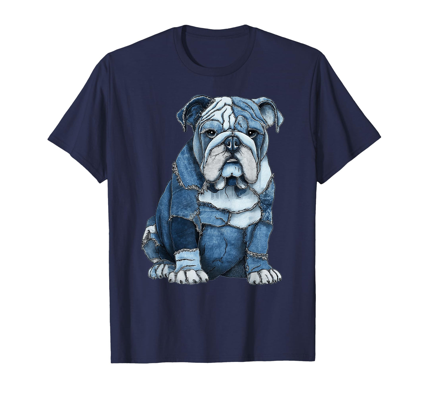 Funny English Bulldog Dog Blue Denim Patchwork Graphic T-Shirt