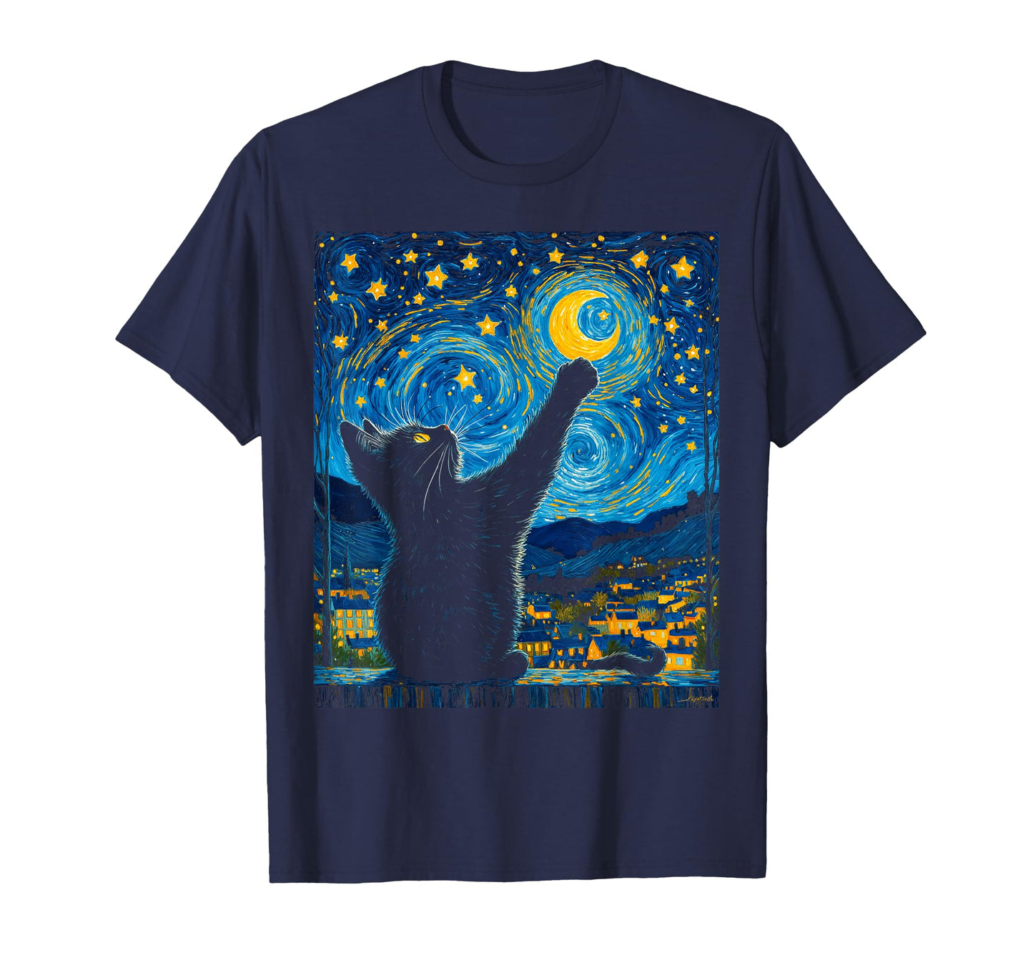 Funny Art Van Gogh Starry Night Cat Moonlit Scene Cat Lovers T-Shirt for Men Women