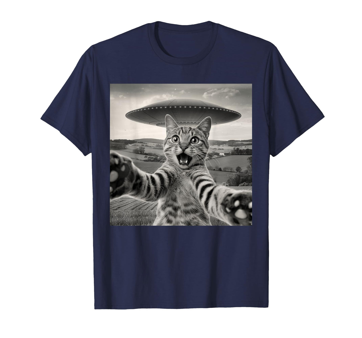 Cat Selfie With Alien UFOs Funny Cat Sarcastic Humor Meme T-Shirt for Men Women Kids