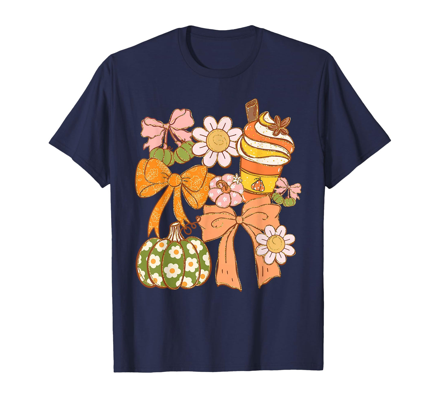 Coquette Bow Pumpkin Season Autumn Fall Leaves Thanksgiving T-Shirt