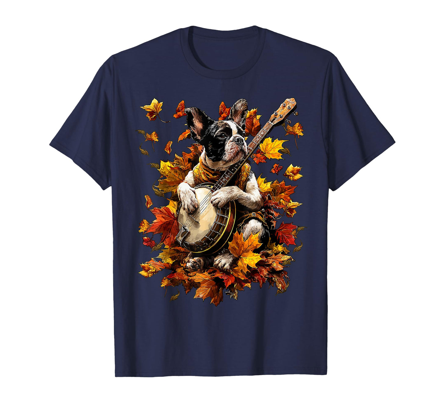 Banjoist French Bulldog Playing Banjo Fall Leaves Autumn Dog T-Shirt