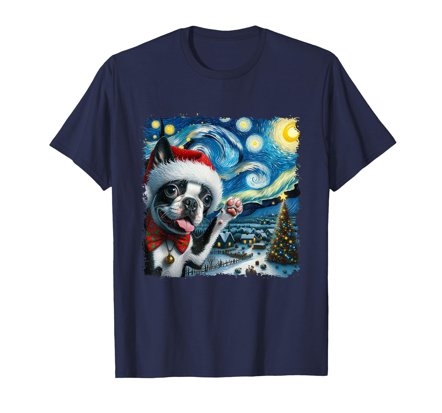 Boston Terrier Santa Starry Night Van Gogh Christmas Dog Men Women Kids T-Shirt