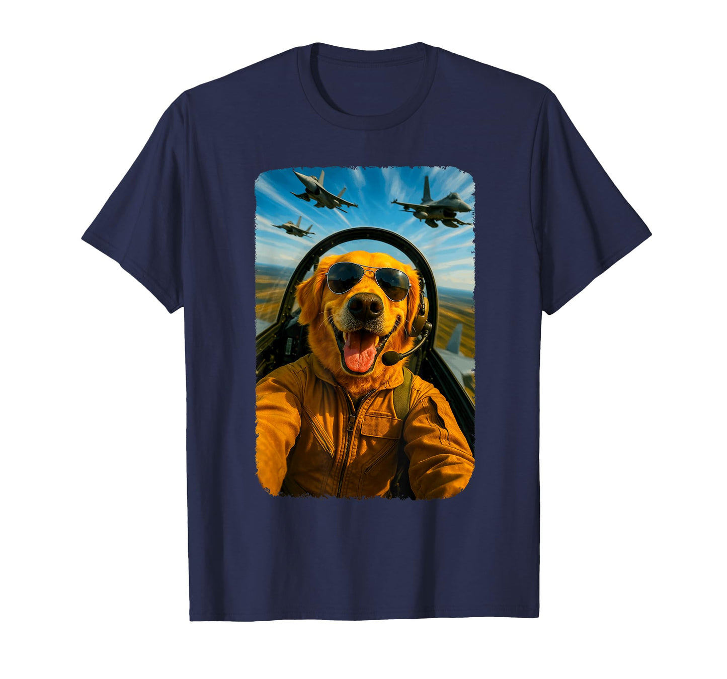 Funny Golden Retriever Fighter Pilot Dog Selfie T-Shirt
