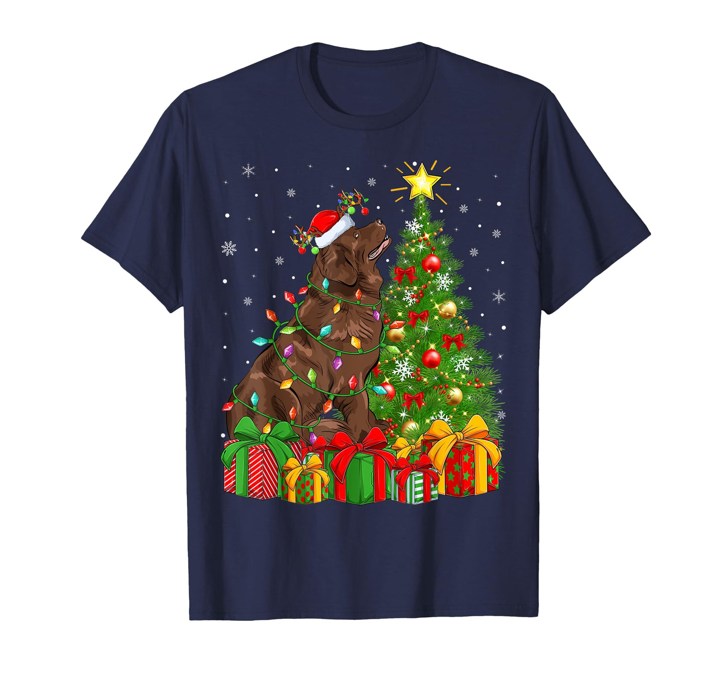 Xmas Tree Lighting Santa Newfoundland Dog Christmas Men Women Kids T-Shirt