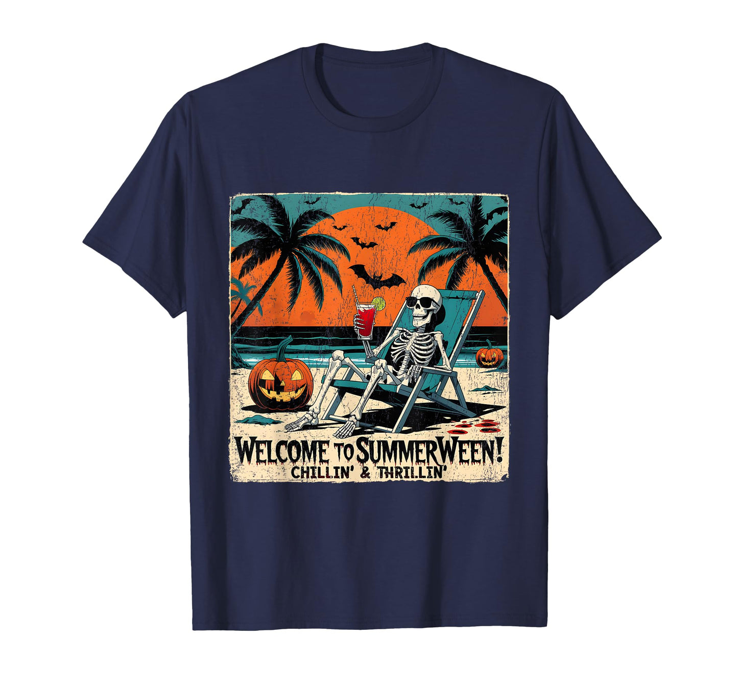 Summerween Skeleton Beach Halloween Tropical Art T-Shirt