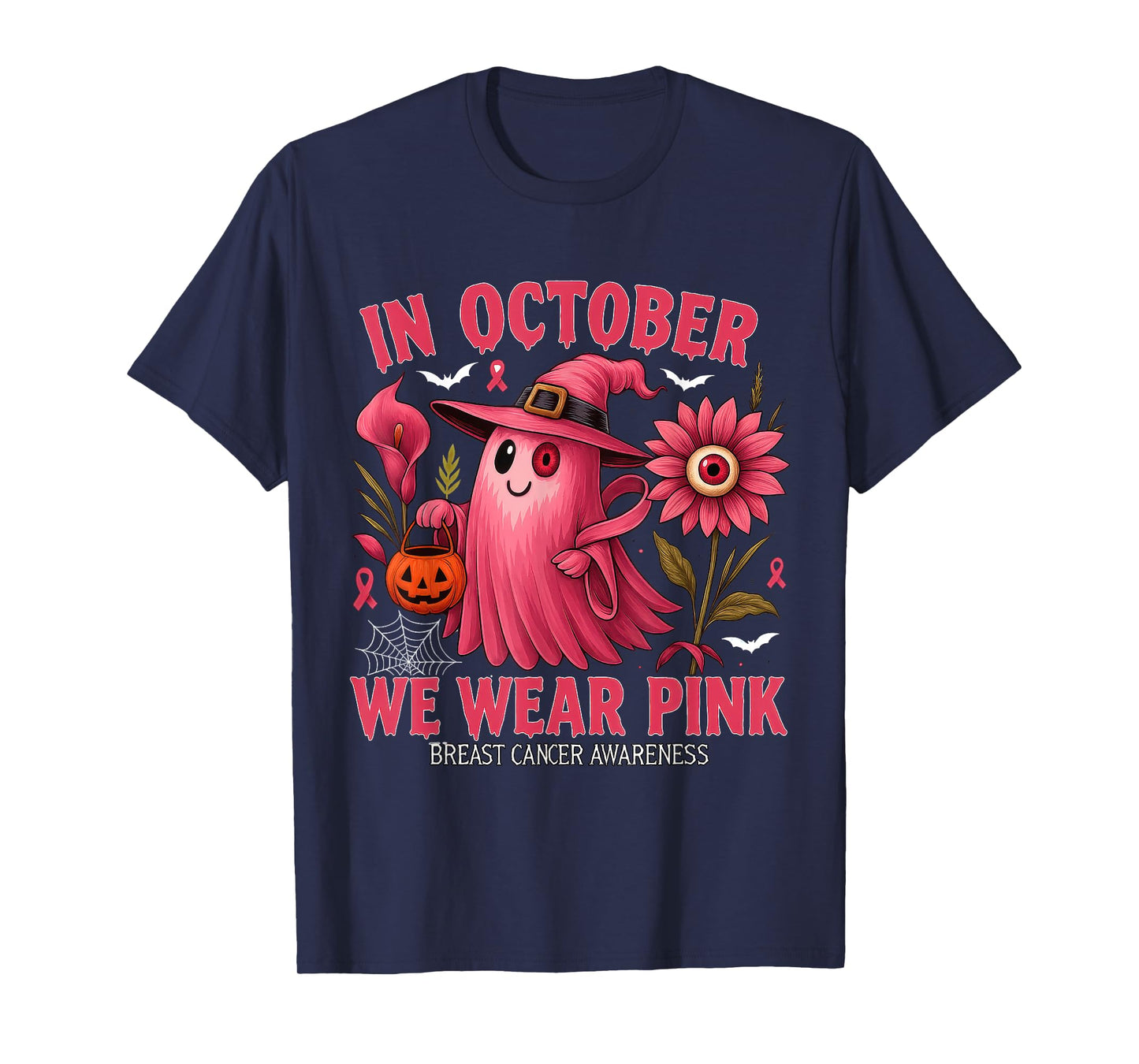 In October We Wear Pink Halloween Shirt Ghost Breast Cancer T-Shirt