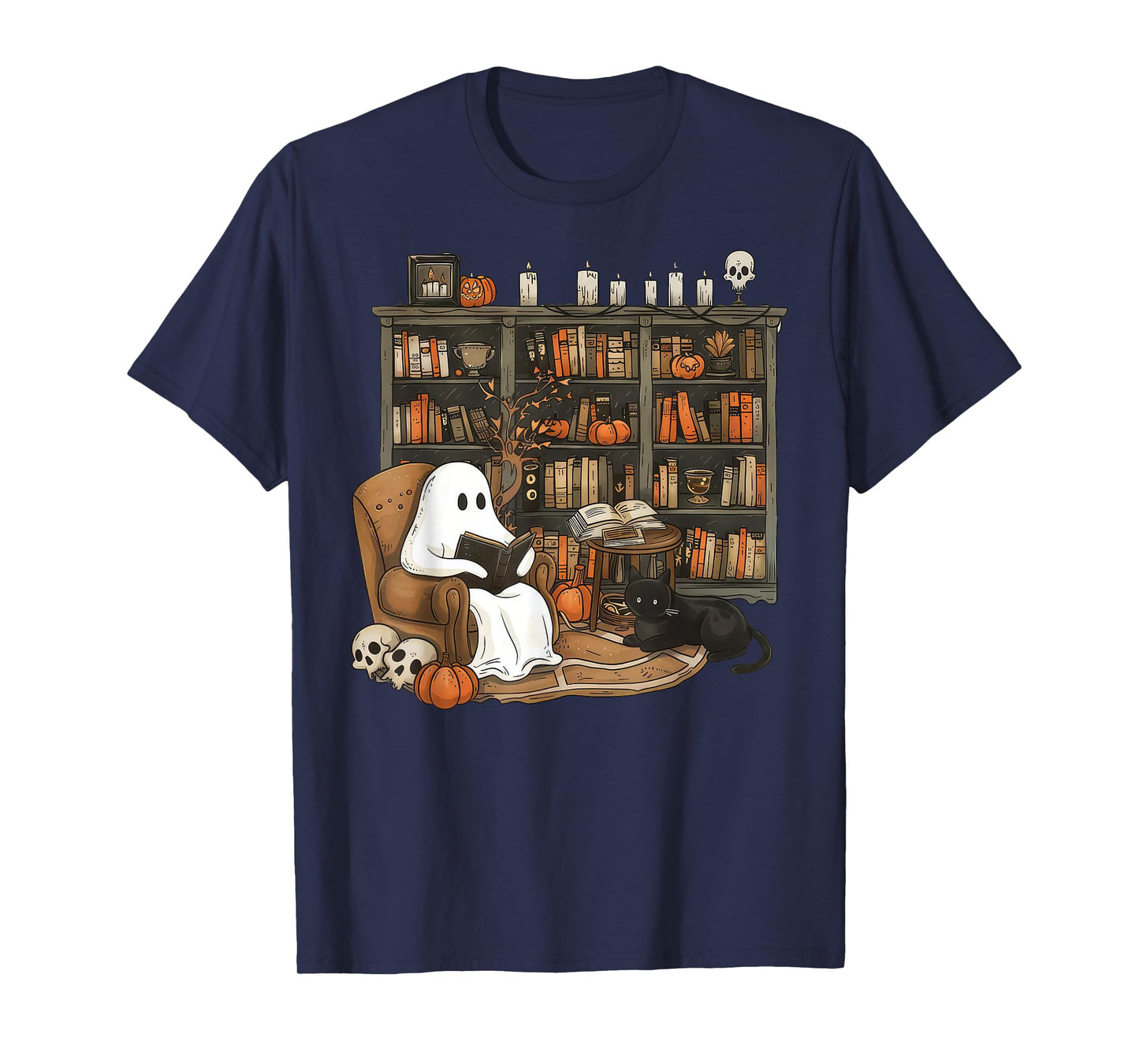 Vintage Ghost Reading Books Librarian Teacher Halloween T-Shirt for Men Women