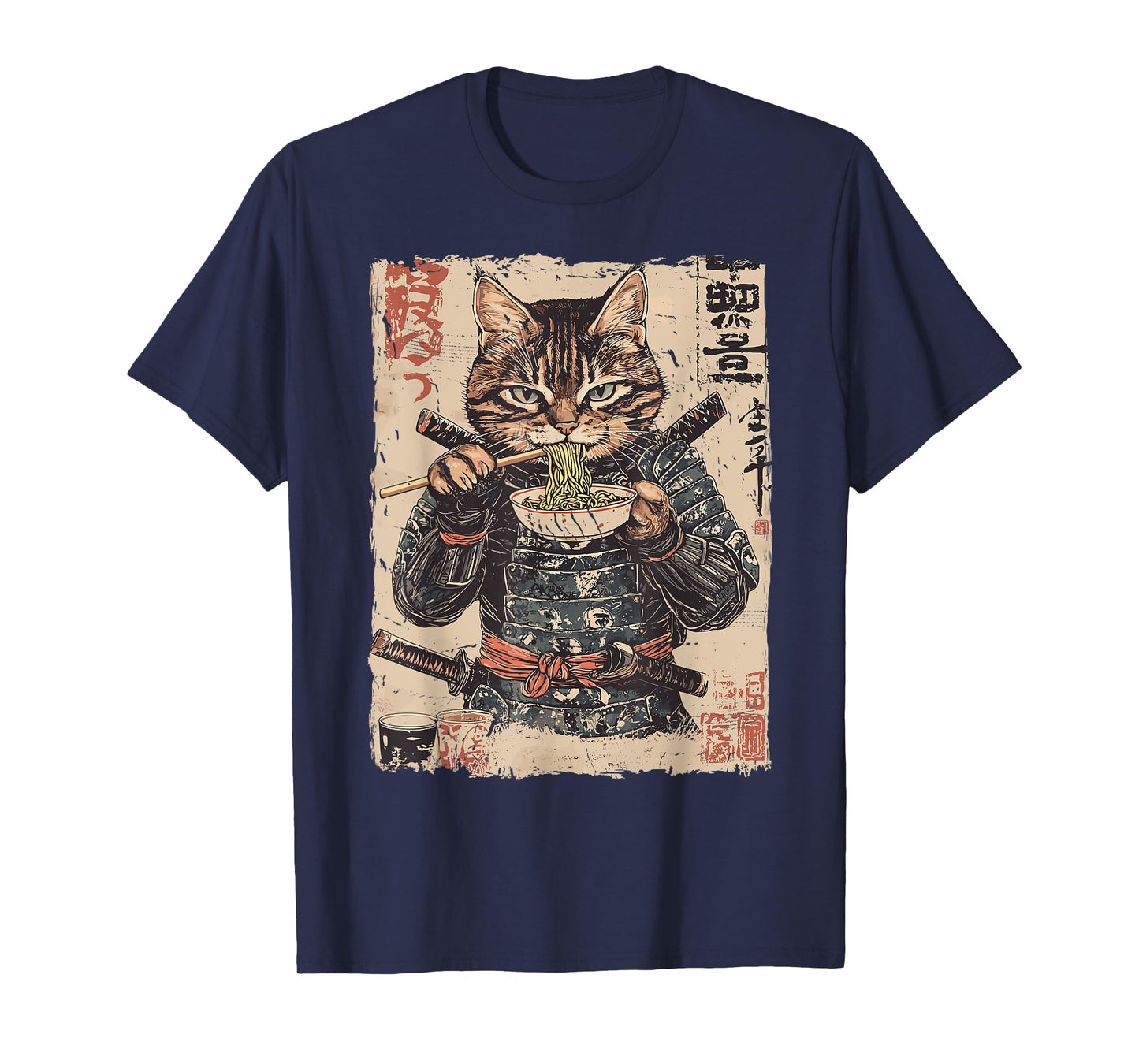 Samurai Cat Loves Ramen Funny Anime Japanese Artwork Samurai T-Shirt