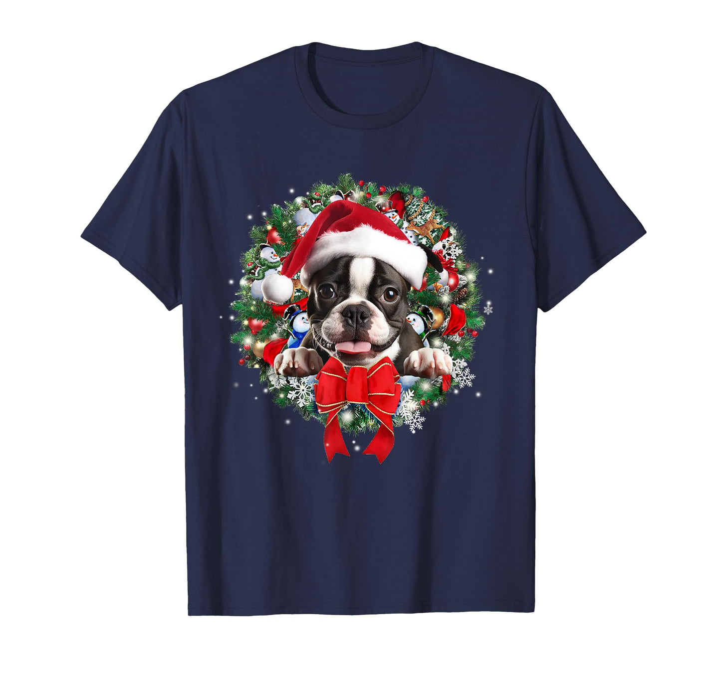 Boston Terrier Christmas Wreath Decoration Xmas Pajamas T-Shirt