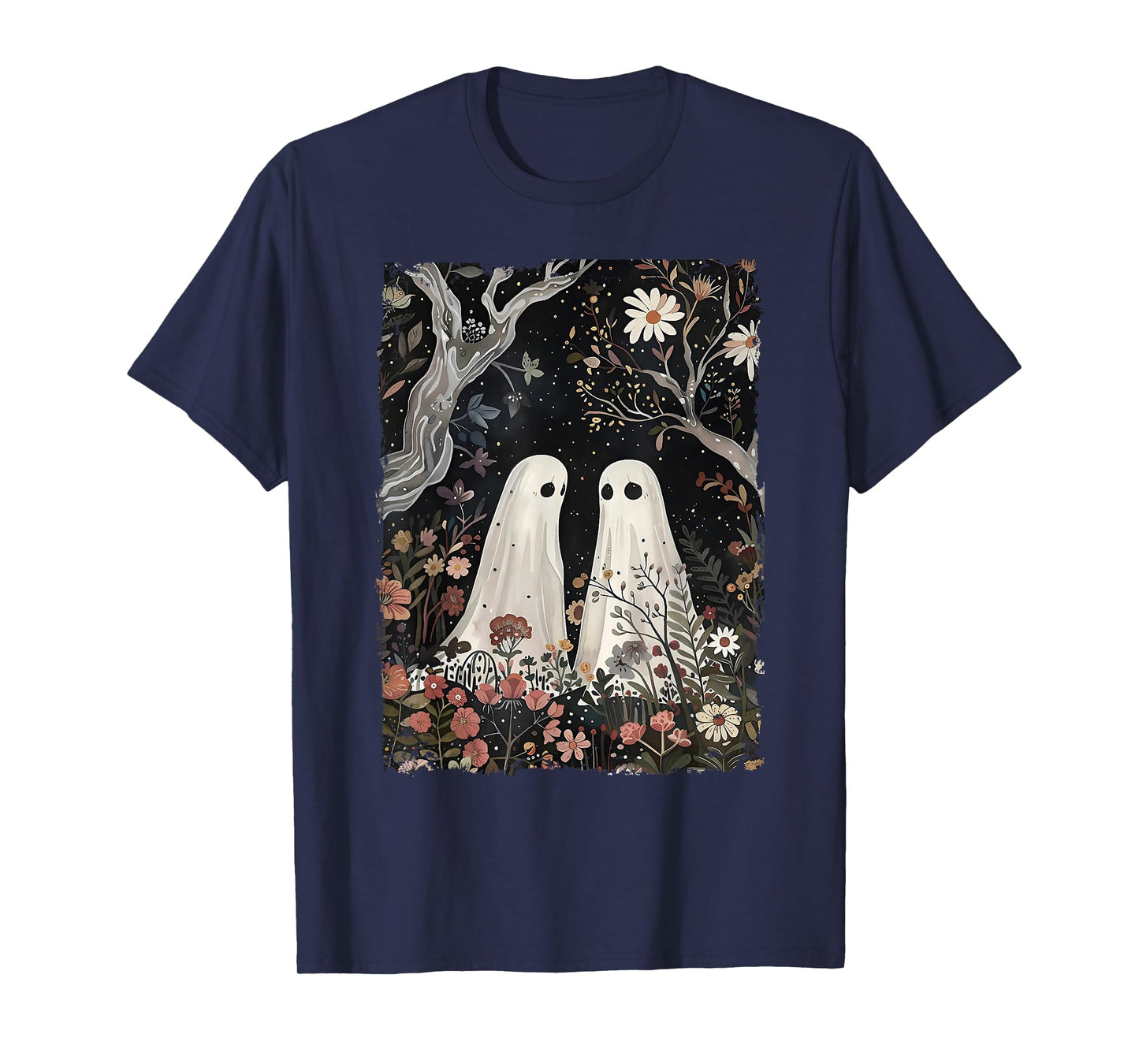 Ghost In The Flower Forest Halloween Spooky Season Vintage T-Shirt