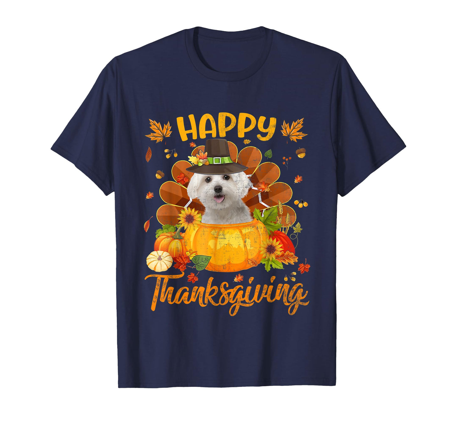 Happy Thanksgiving Maltese Dog Turkey Pumpkin T-Shirt
