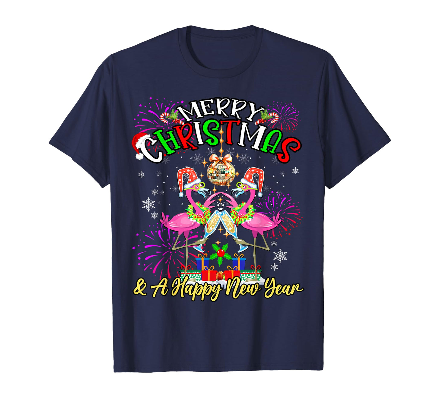Merry Christmas & A Happy New Year Fireworks Flamingo Lover T-Shirt