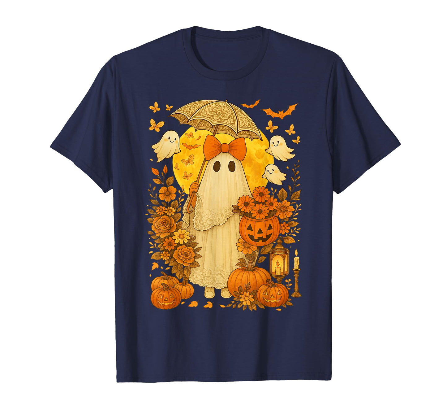 Coquette Floral Ghost Pumpkin Vintage Halloween Lace Ghost T-Shirt