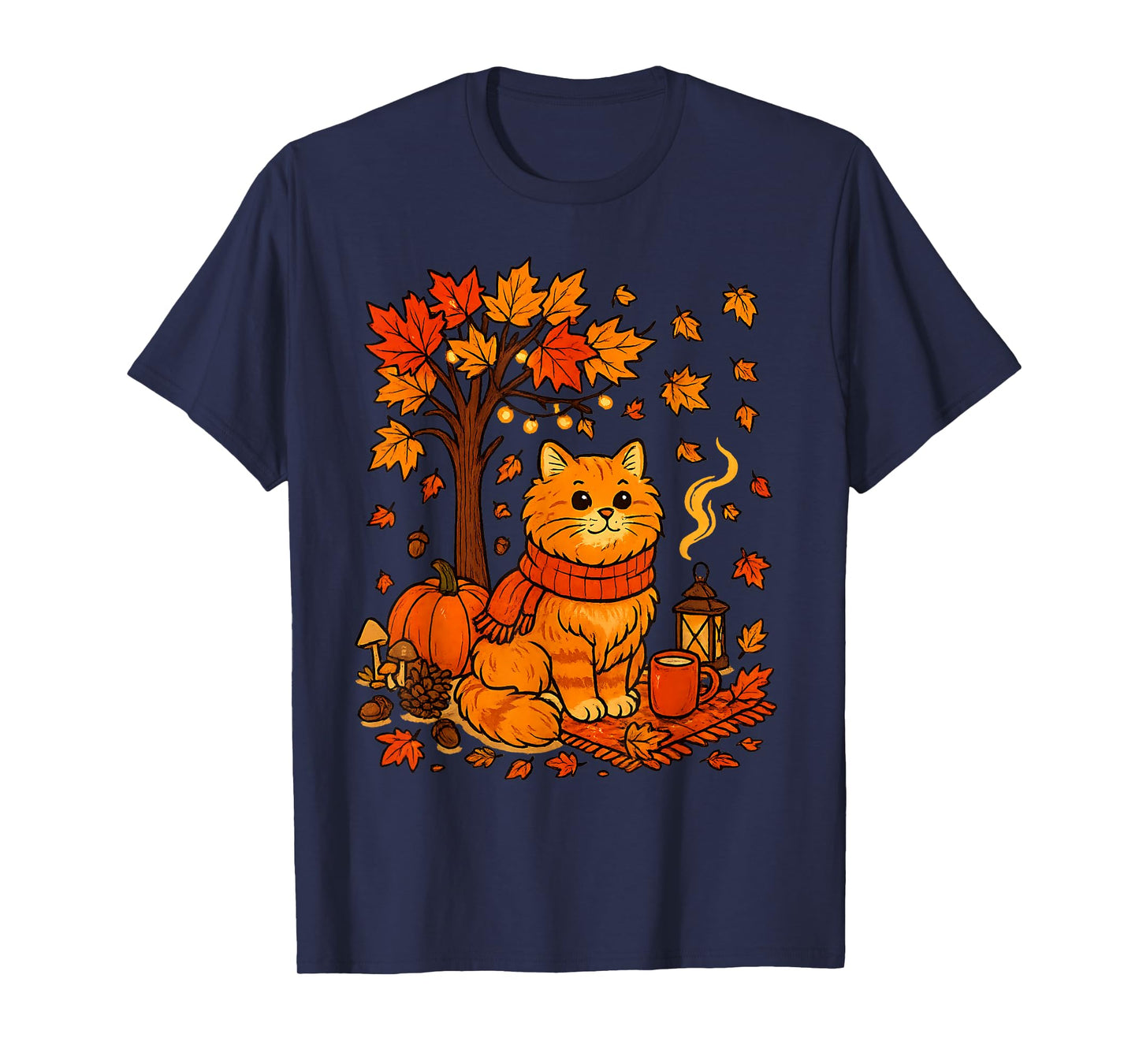 Autumn Cat Scarf Fall Vibes Falling Leave Tree Thanksgiving T-Shirt