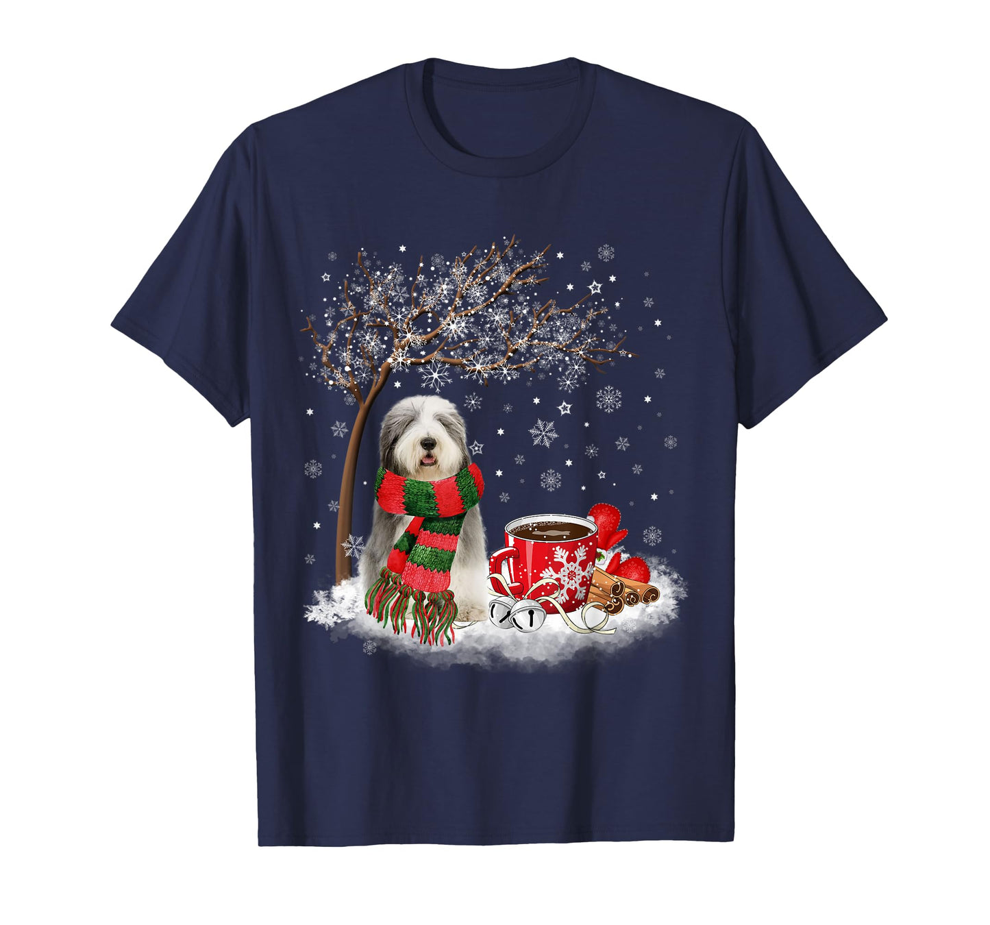 Old English Sheepdog In The Snow Christmas Winter Xmas Tree Men Women Kids T-Shirt