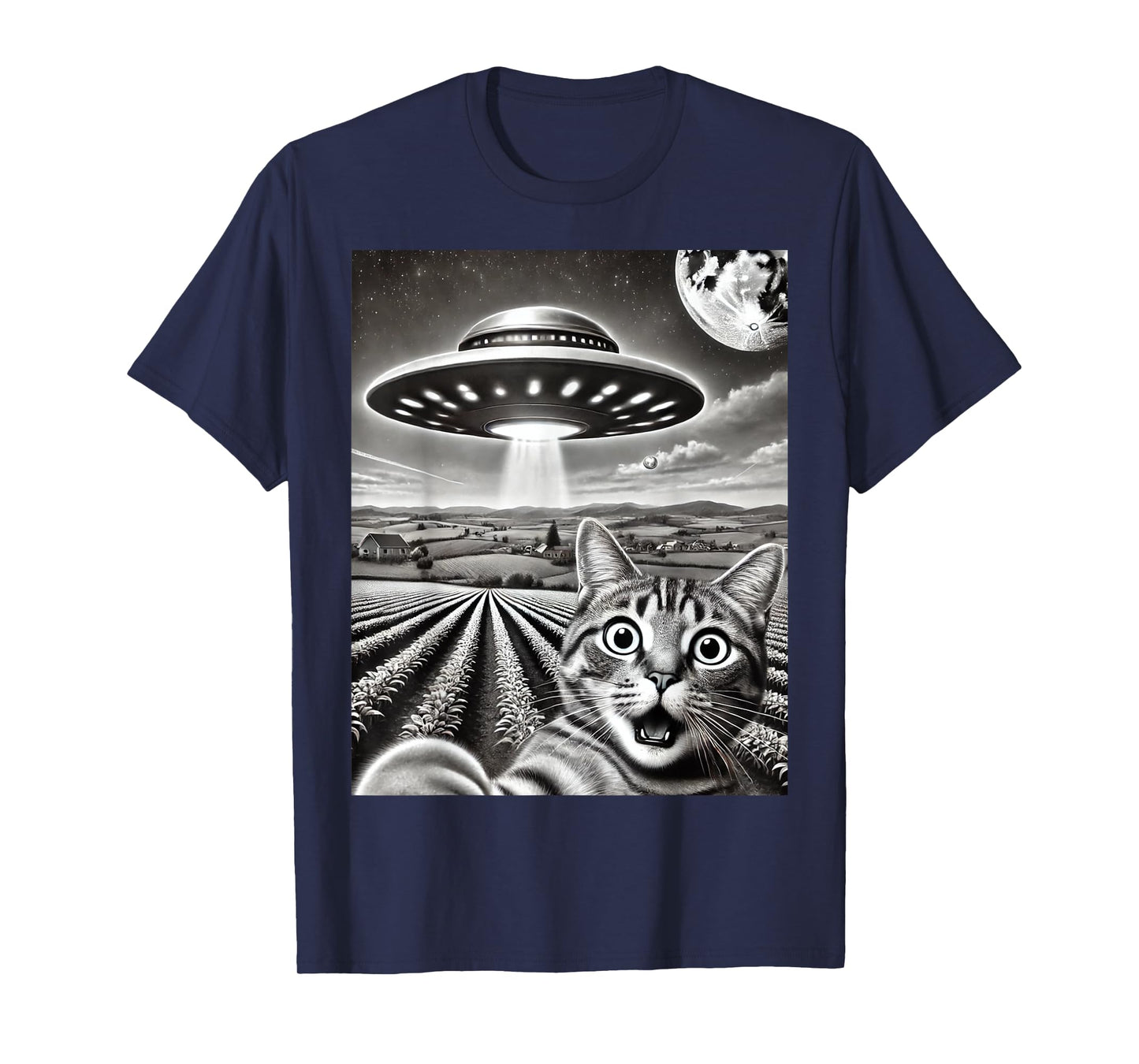 Cat Selfie With Alien UFO Funny Cat Weird Graphic Men Women Kids T-Shirt