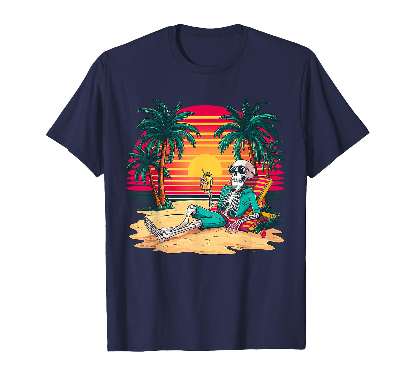 Funny Skeleton On Tropical Island Beach Retro T-Shirt for Men Women Kids