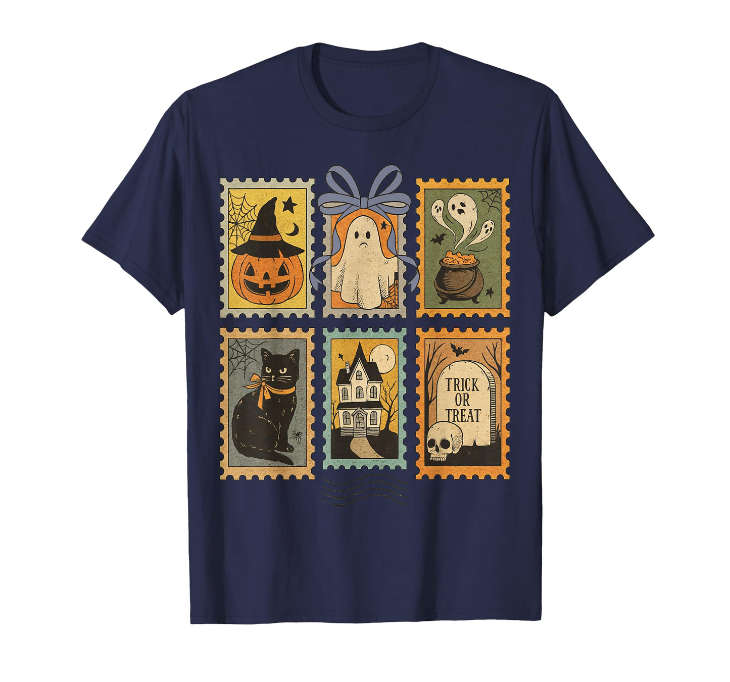 Vintage Halloween Postage Stamps Pumpkin Ghost Cat T-Shirt
