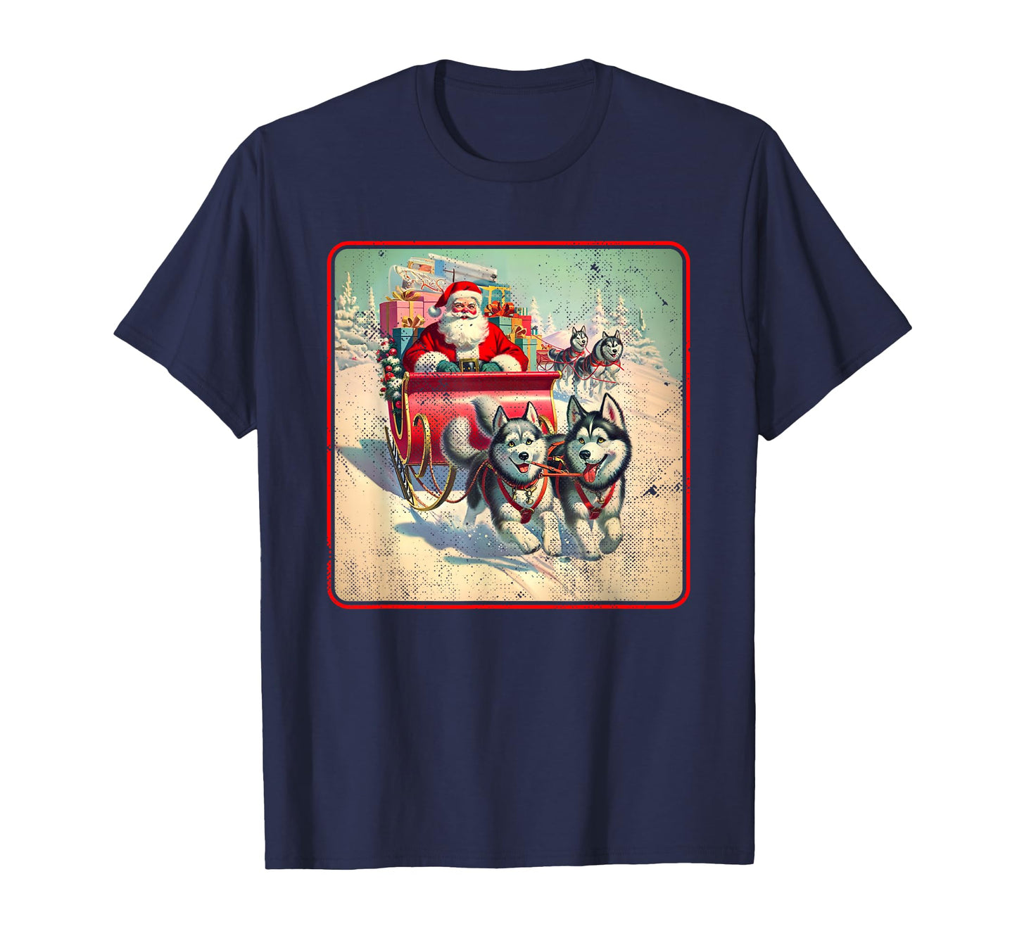 Siberian Husky Family Christmas Huskies Pulling Santa Sleigh T-Shirt