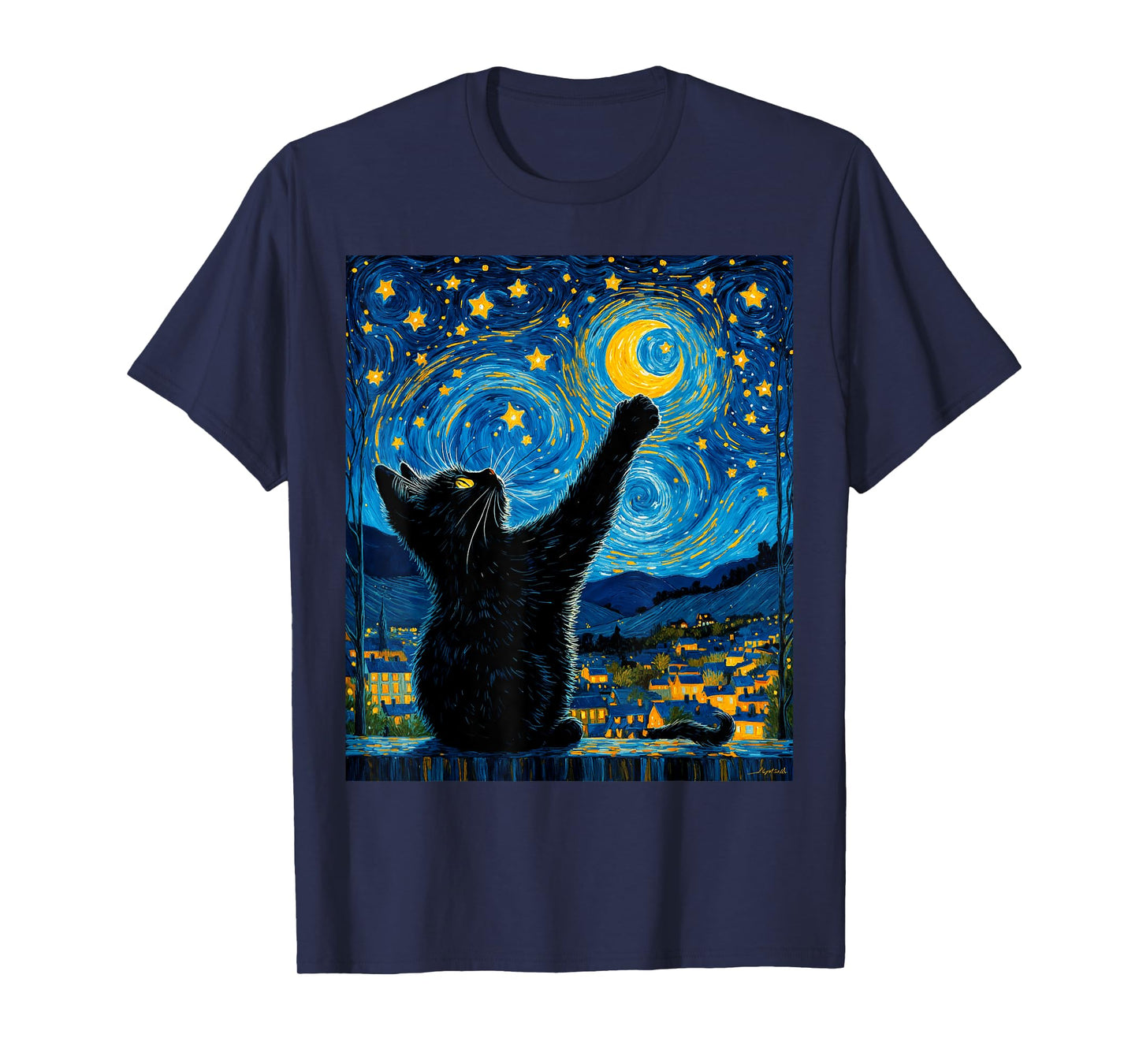 Van Gogh Starry Night Black Cat Moonlit Scene Cat Lovers T-Shirt for Men Women