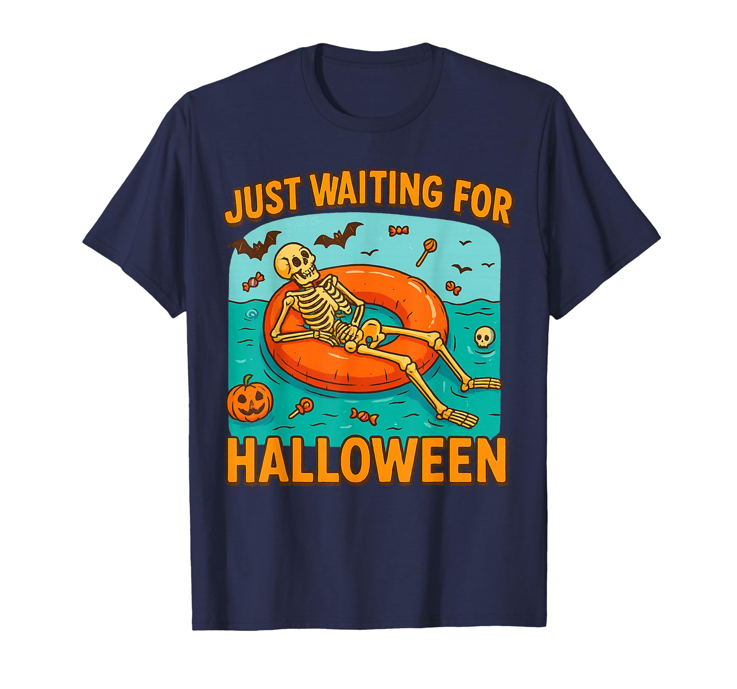 Just Waiting for Halloween Funny Skeleton Floating on Float T-Shirt