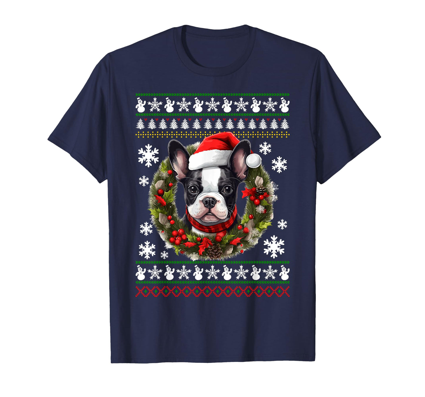 Boston Terrier With Santa Hat Ugly Christmas T-Shirt