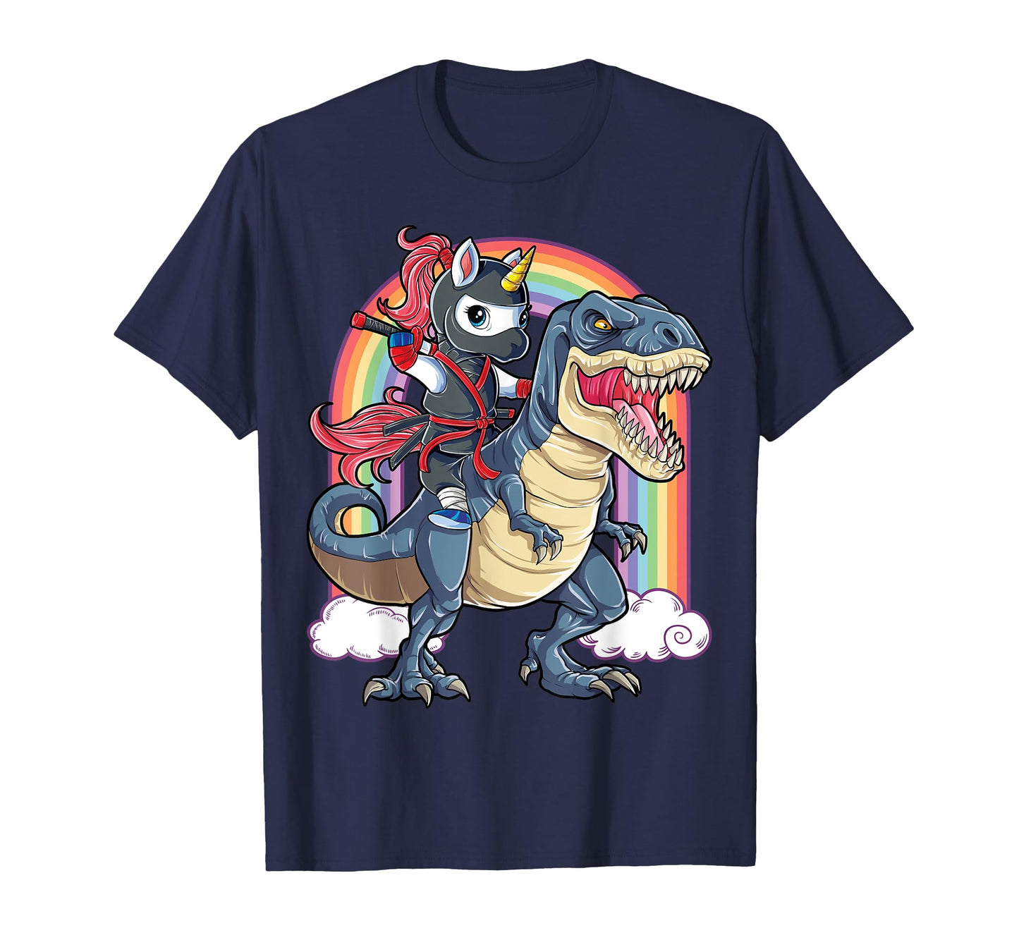Ninja Unicorn Riding Dinosaur T rex Funny Men Women Rainbow T-Shirt