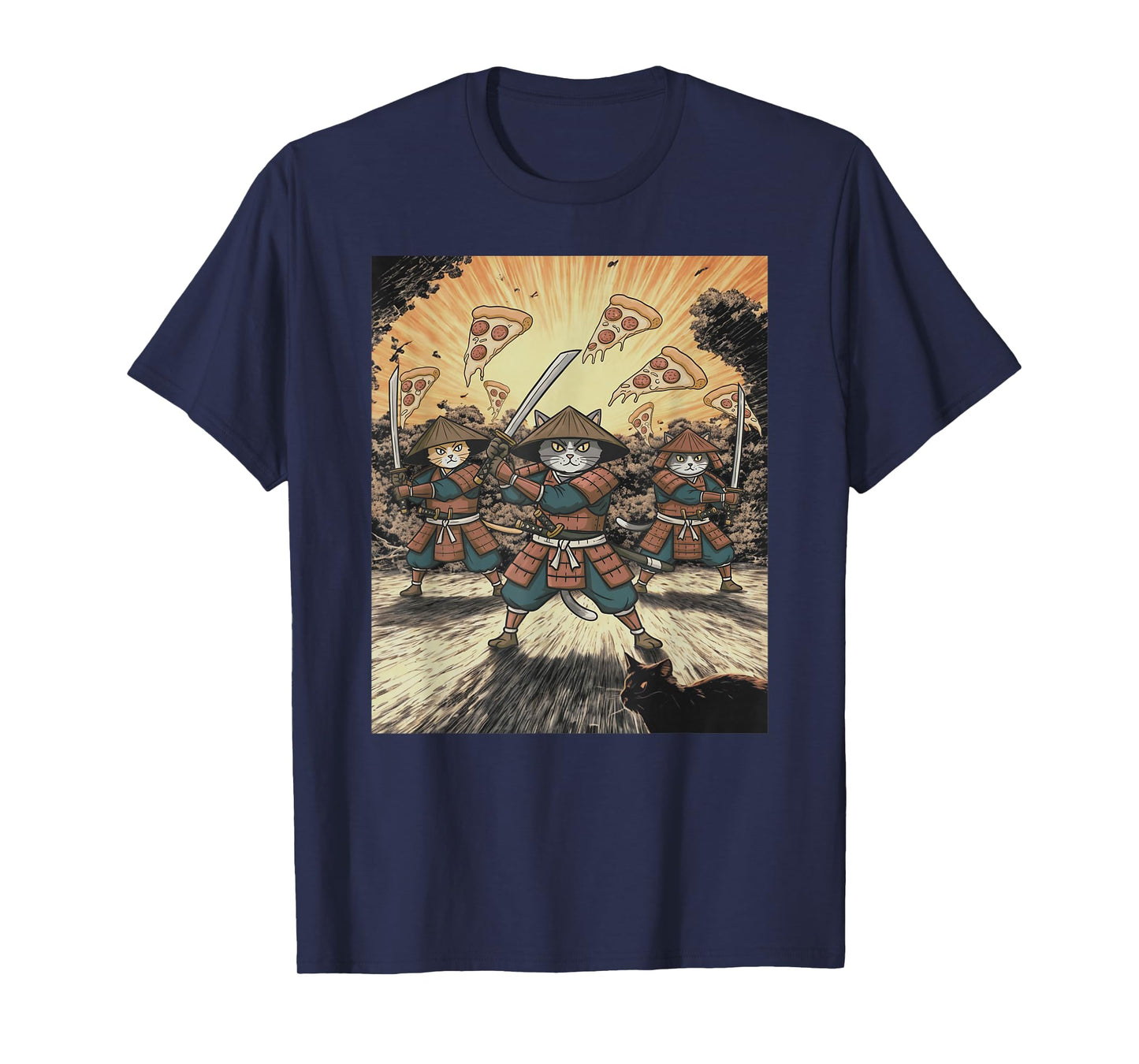 Pizza Battle Cat Graphic Funny Neko Warrior Anime Samurai T-Shirt