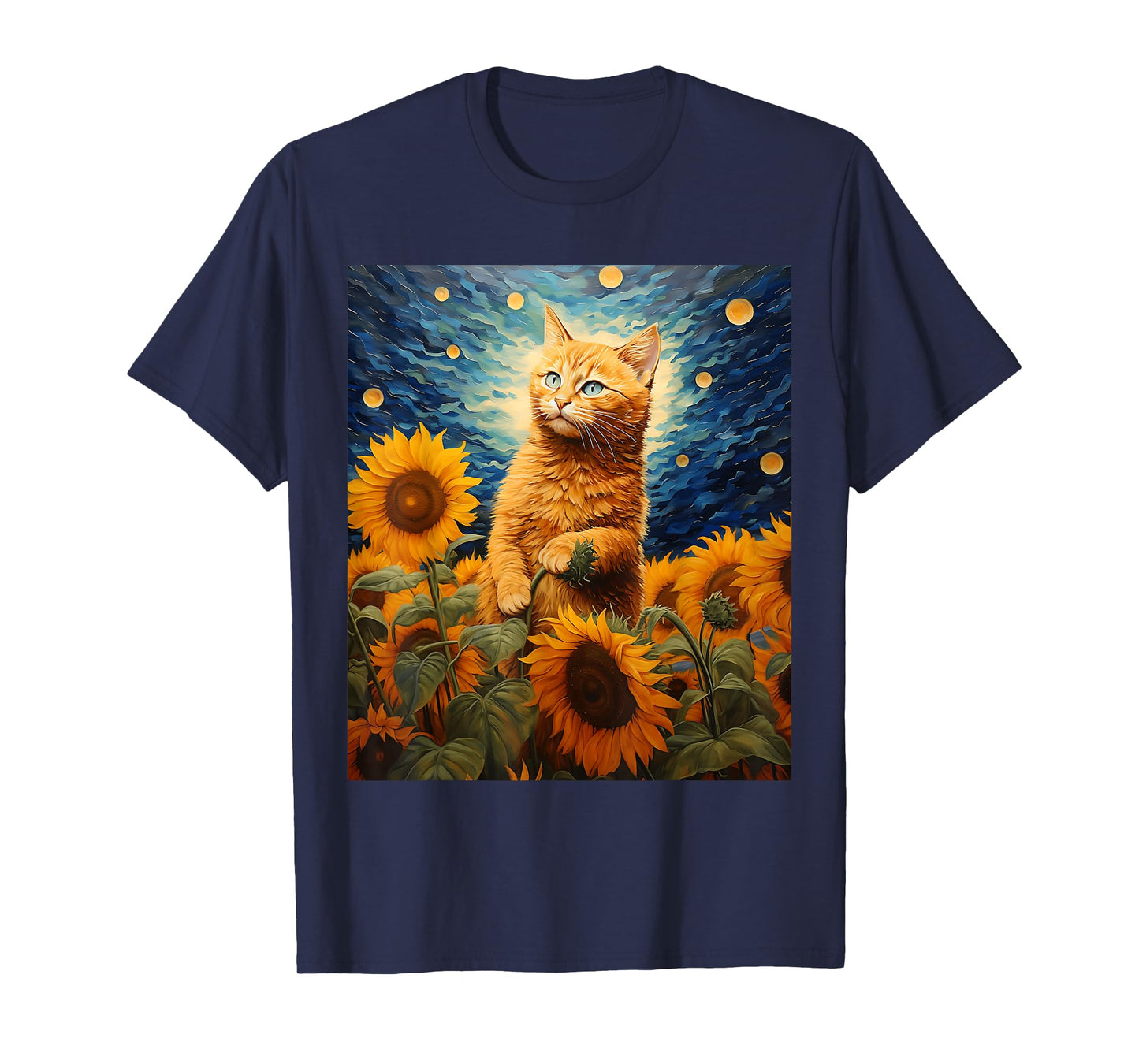 Cat Starry Night Van Gogh Sunflower Cat Meme Cat Mom Cat Dad T-Shirt for Men Women Kids