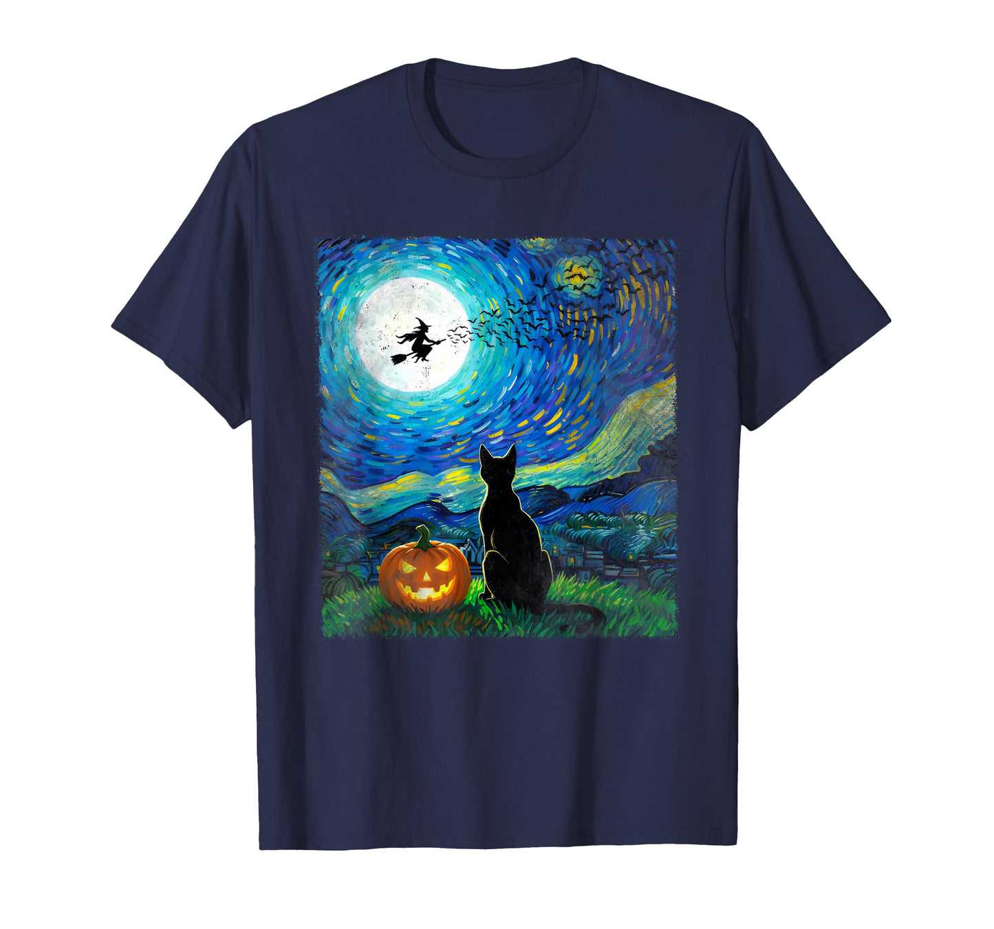 Halloween Black Cat Van Gogh Style Starry Moonlight Night T-Shirt