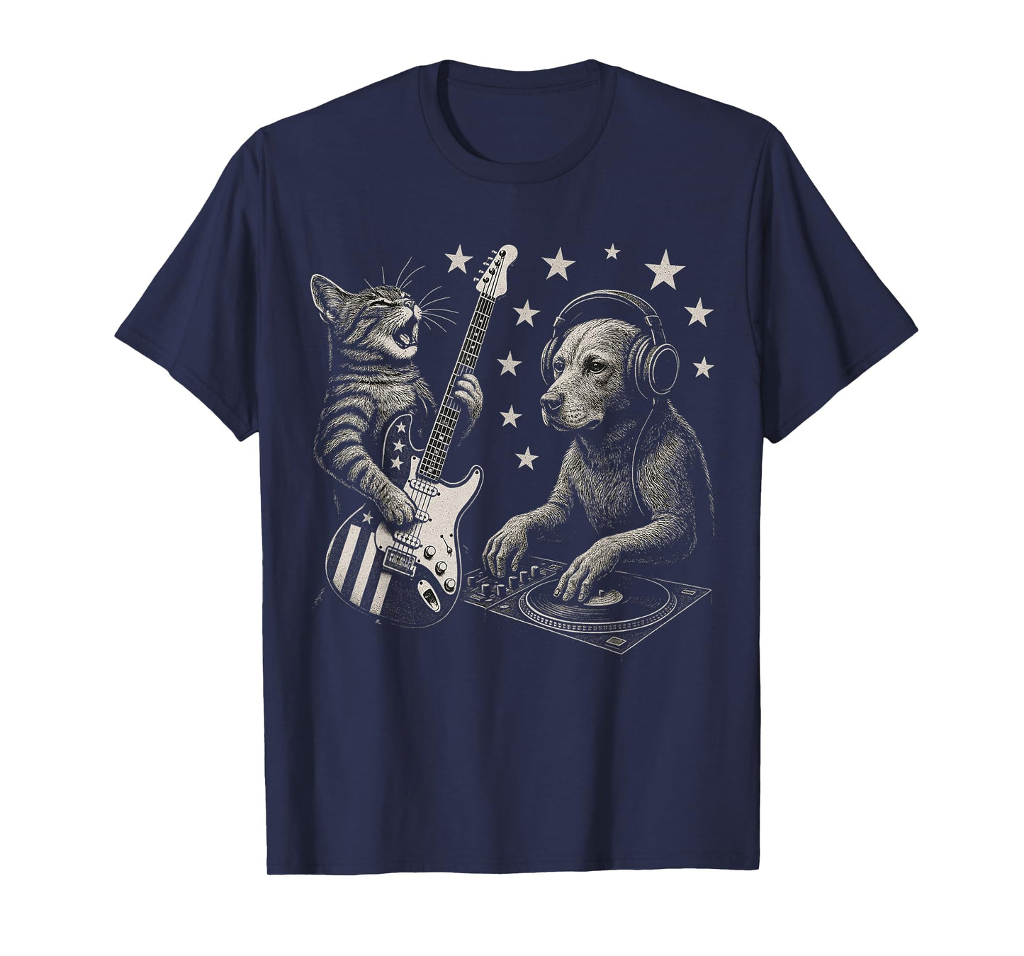 Cat Guitarist and Dog DJ Animal Music Lovers Design Graphic T-Shirt