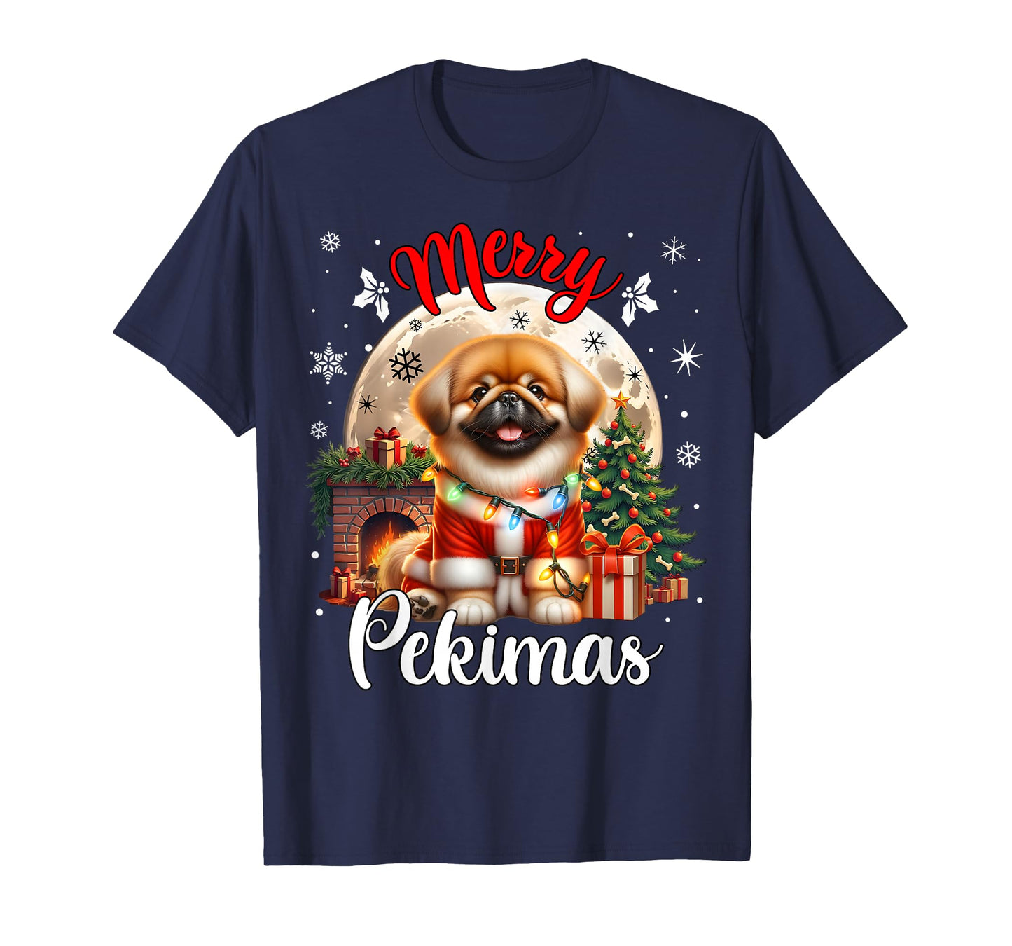Merry Christmas Pekingese For Men & Women Unisex-Adults Black Small Cartoon Humor Modern Round Collar Straight Short Sleeve T-Shirt