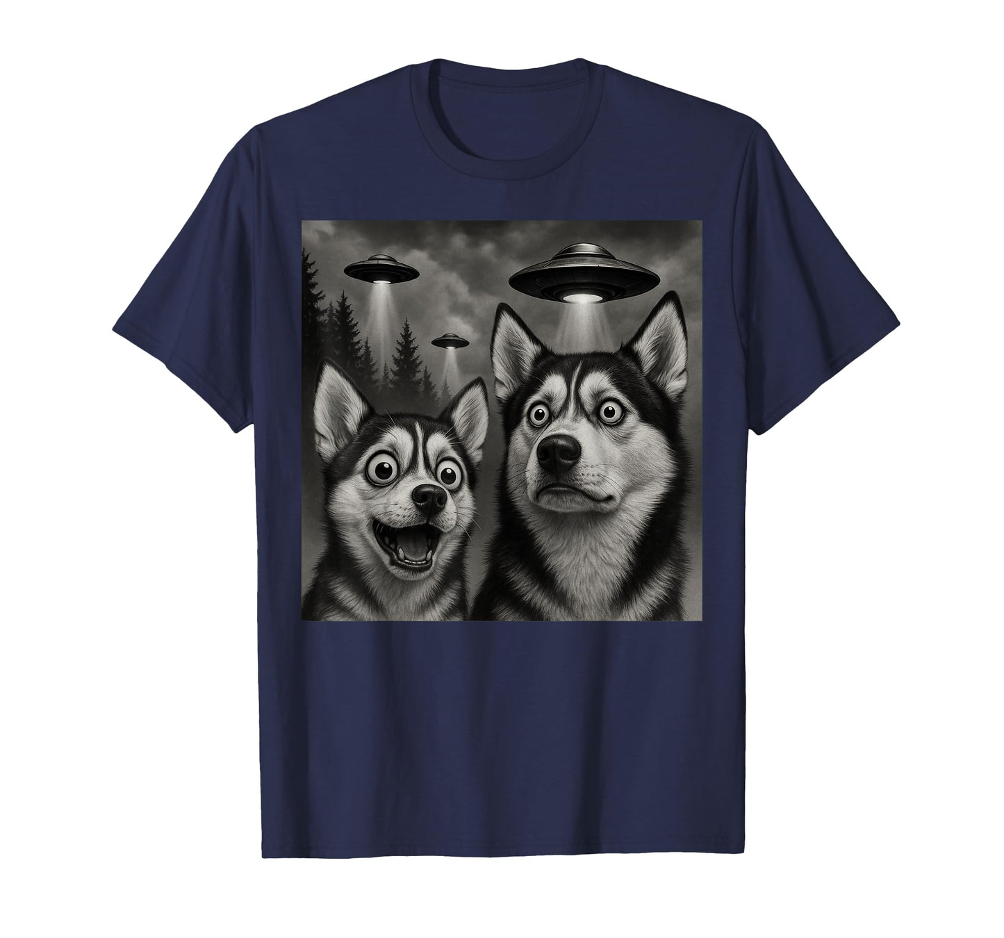 Huskies Watching UFOs Funny Dog Lover Design T-Shirt
