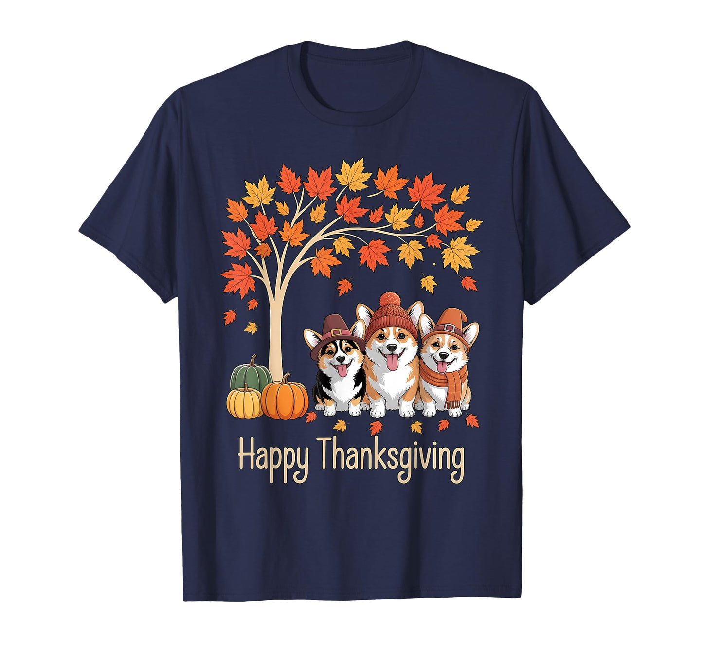 Cute Three Corgi Dogs Pumpkins Fall Tree Happy Thanksgiving T-Shirt