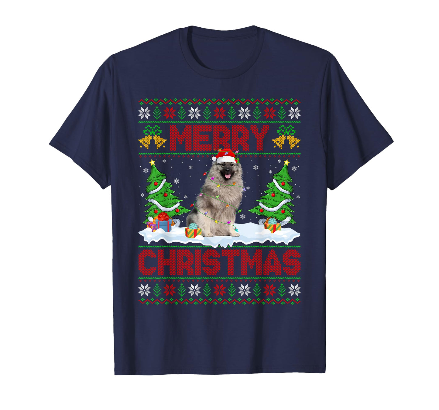 Keeshond Dog Christmas Ugly Sweater Funny Santa Hat Dog Xmas T-Shirt
