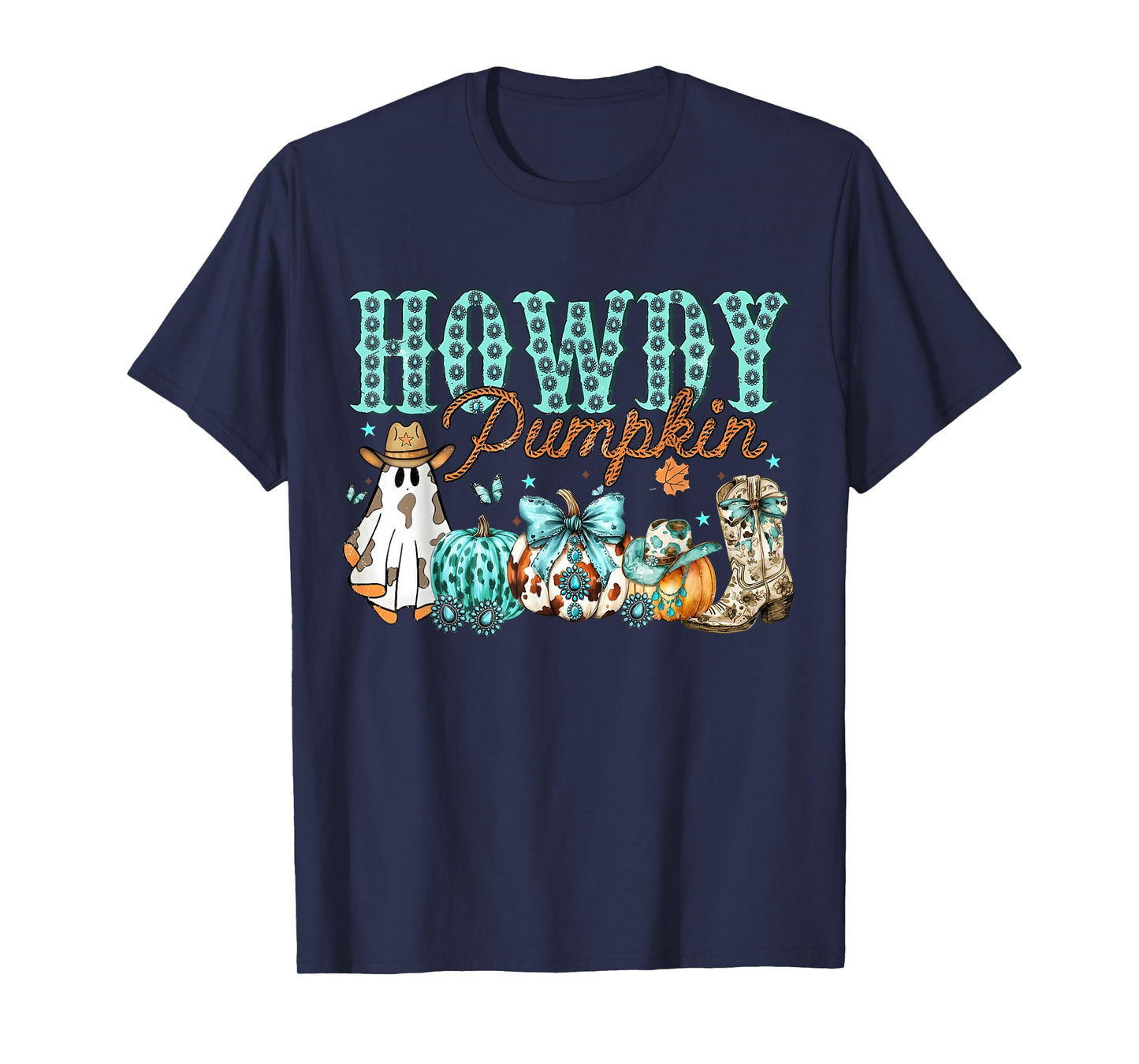 Howdy Fall Western Pumpkin Turquoise Coquette Bow Cowgirl T-Shirt
