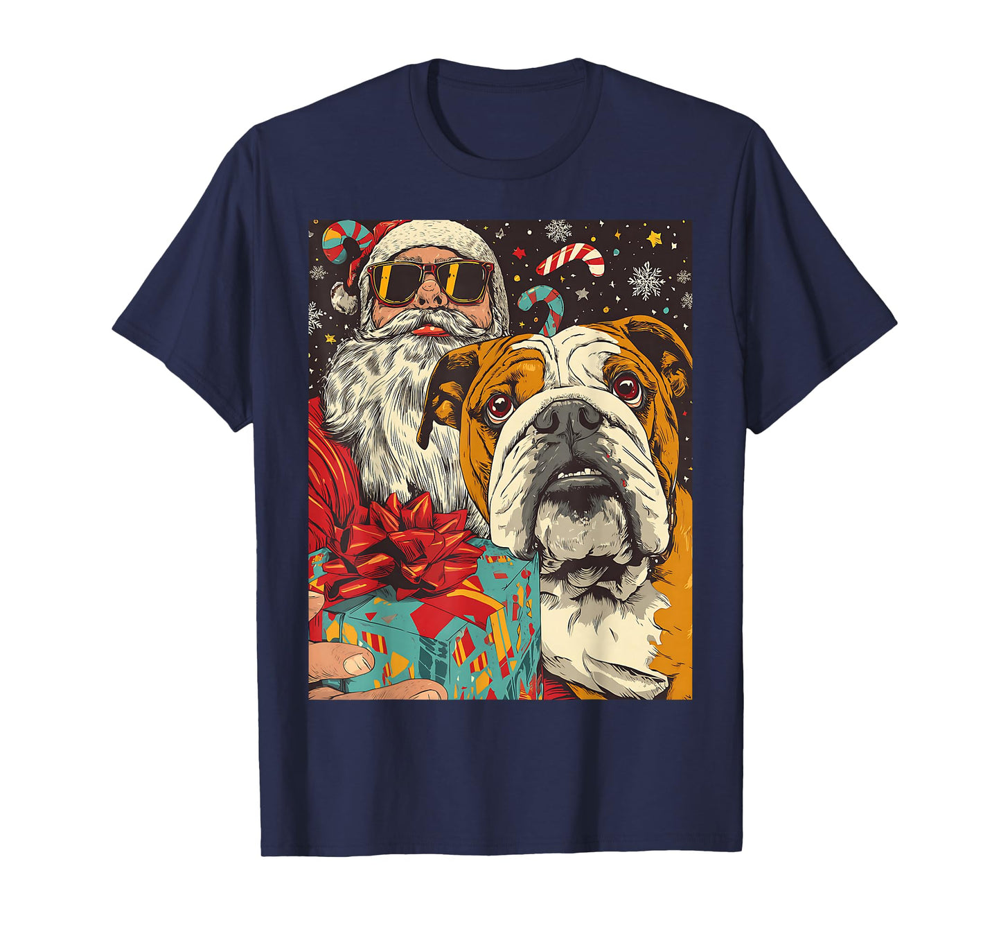 Funny Christmas Bulldog Selfie with Santa Xmas T-Shirt