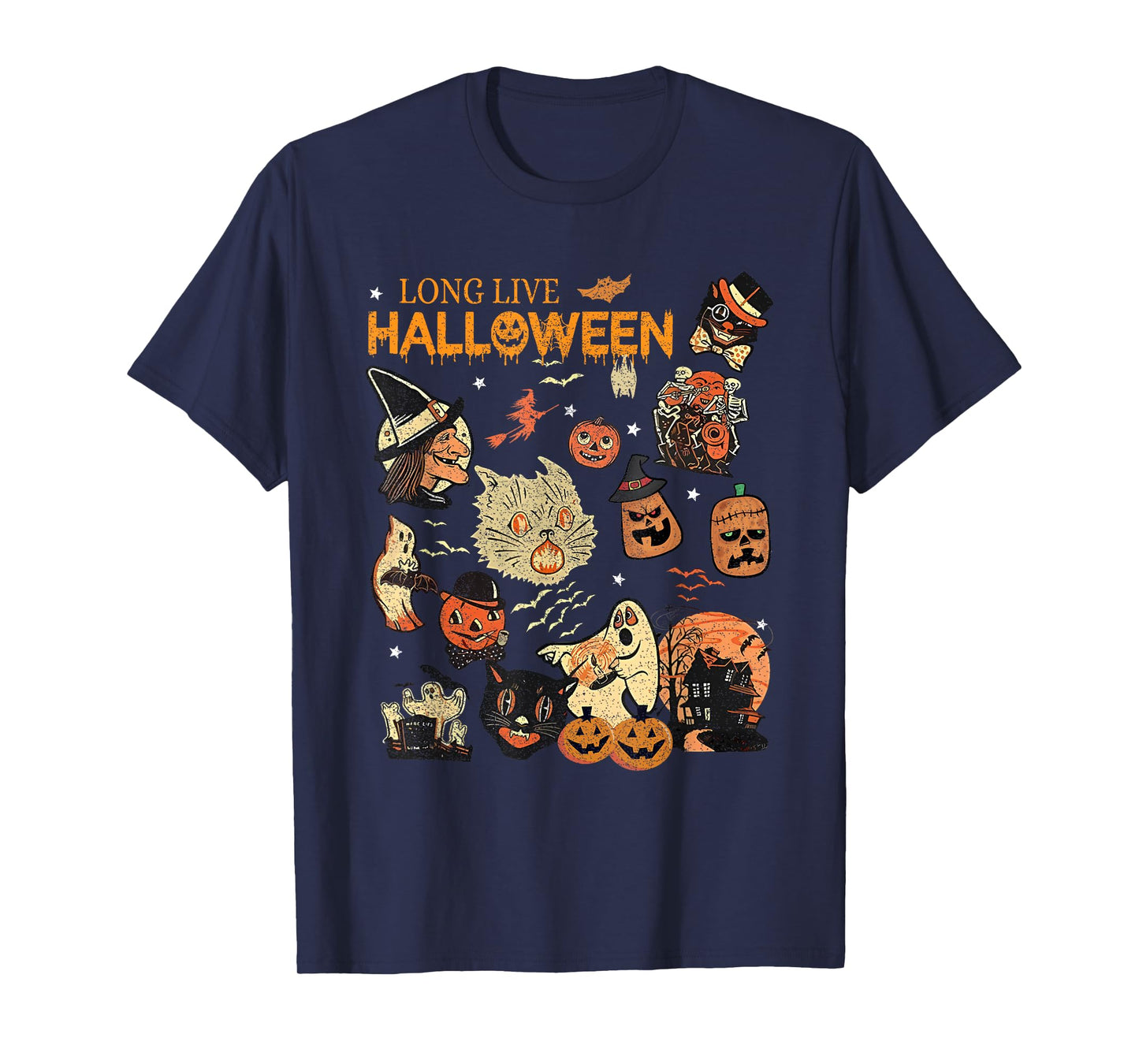 Long Live Halloween Vintage Pumpkin Witch Ghost Black Cat Men Women Kids T-Shirt