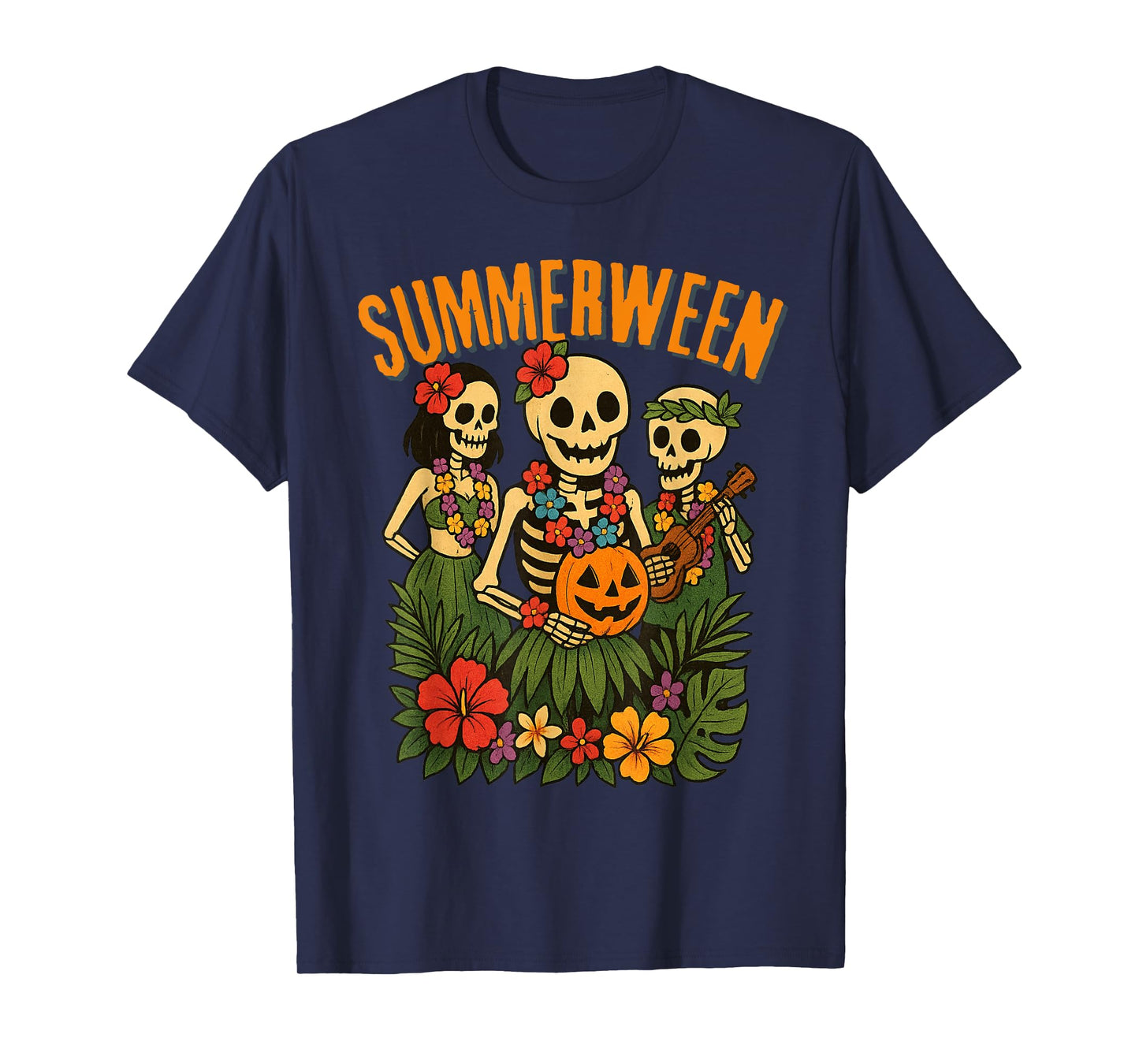 Funny Summerween Skeletons Luau Party Halloween Beach Vibes T-Shirt