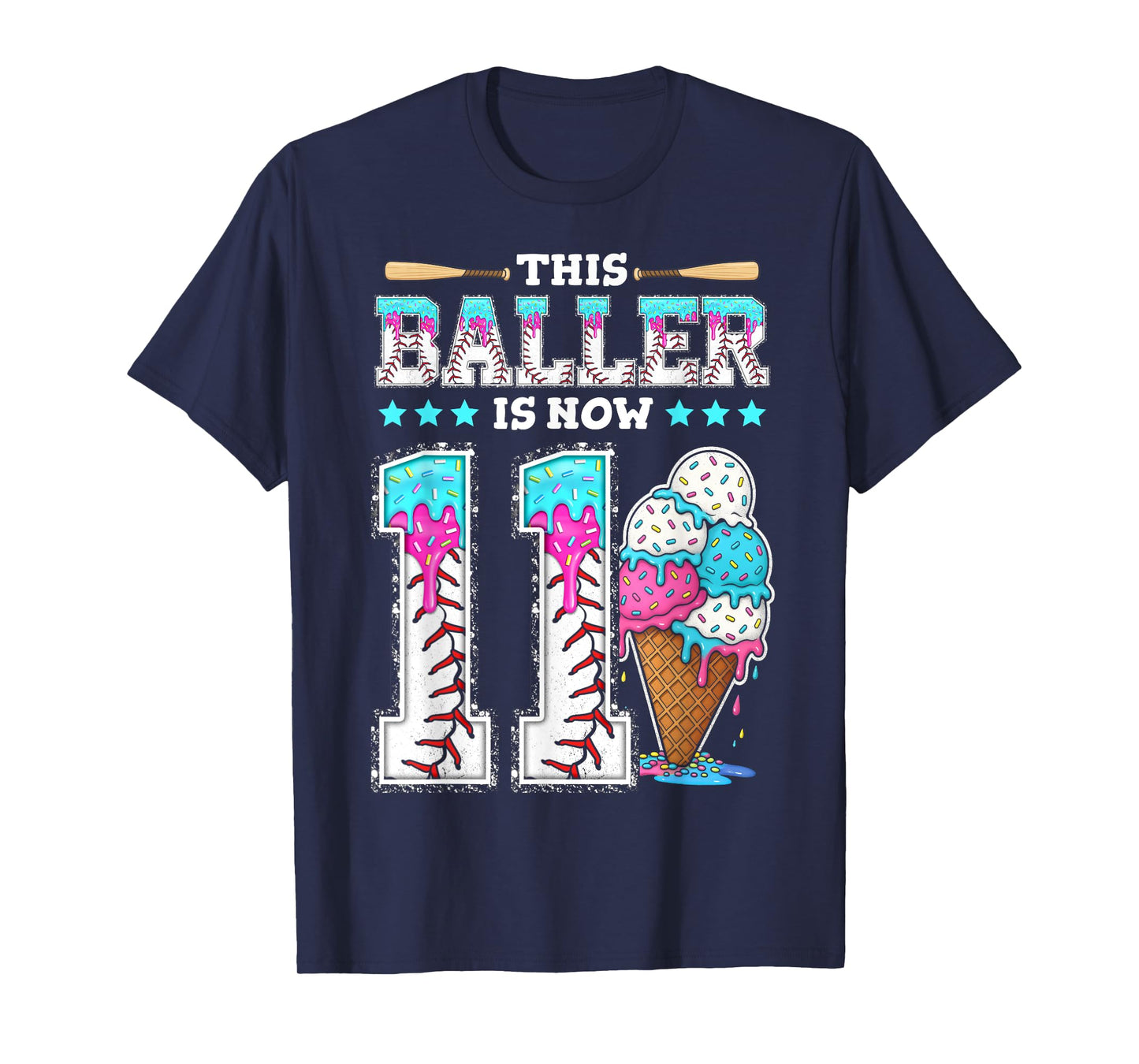 Baller Is Now 11 Year Ice Cream Drip 11th Birthday Baseball T-Shirt