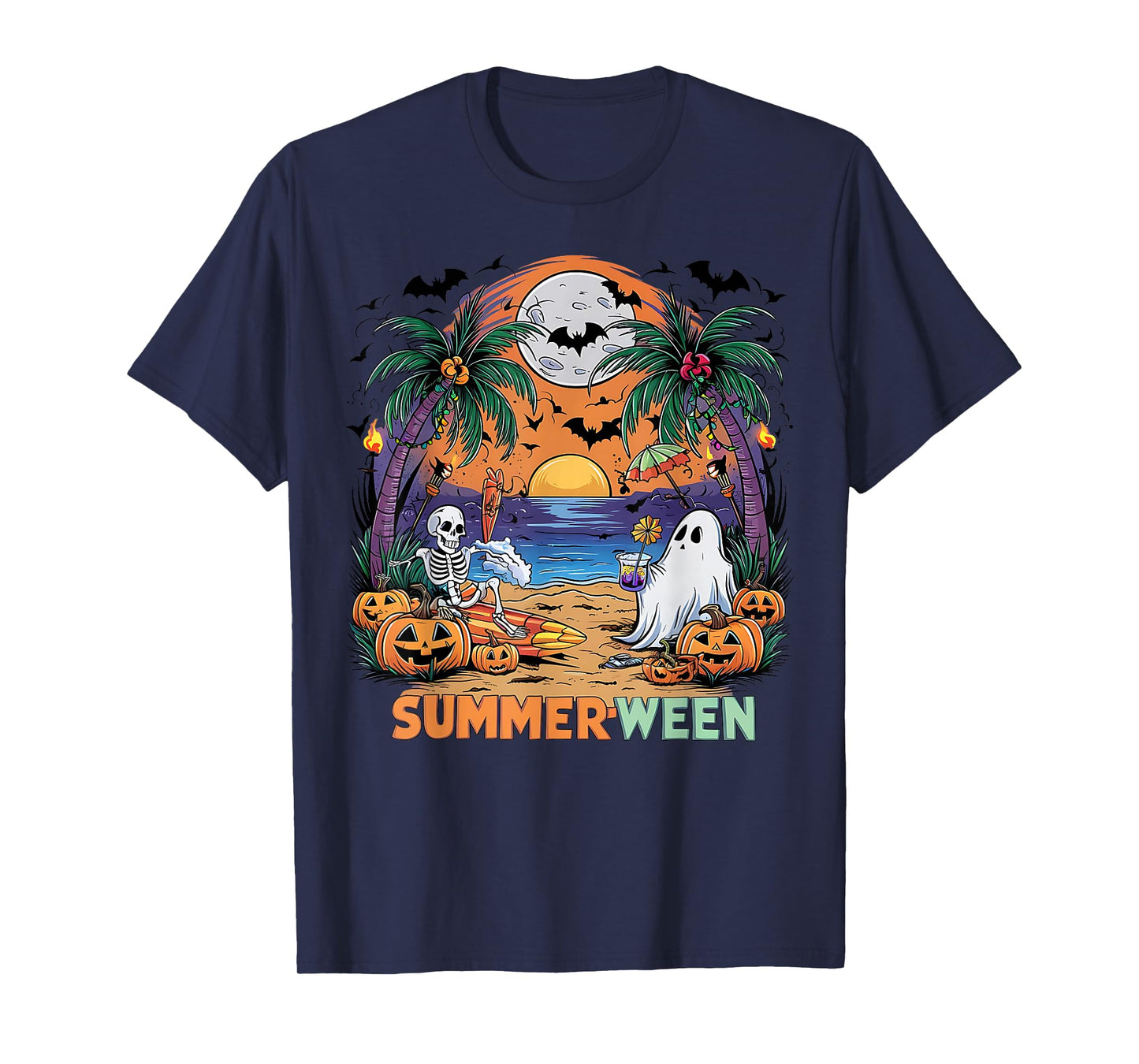 Summerween Skeleton Beach Party Halloween Vibes T-Shirt