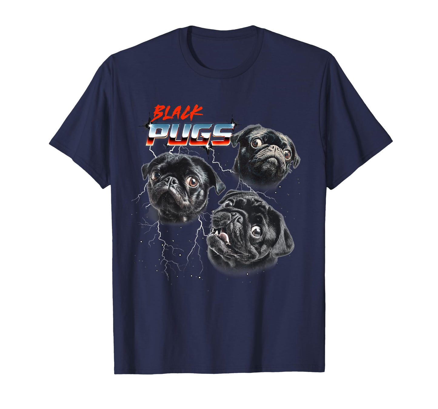 Mens Womens 80s Heavy Metal Rock Band Black Pug Dog Lover T-Shirt