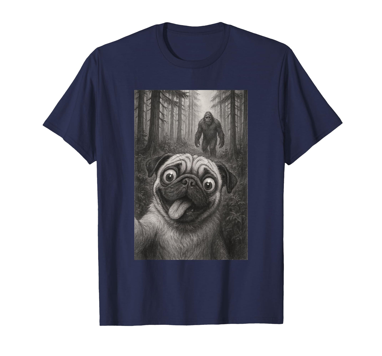 Dog Pug Selfie With Bigfoot Sasquatch Funny T-Shirt