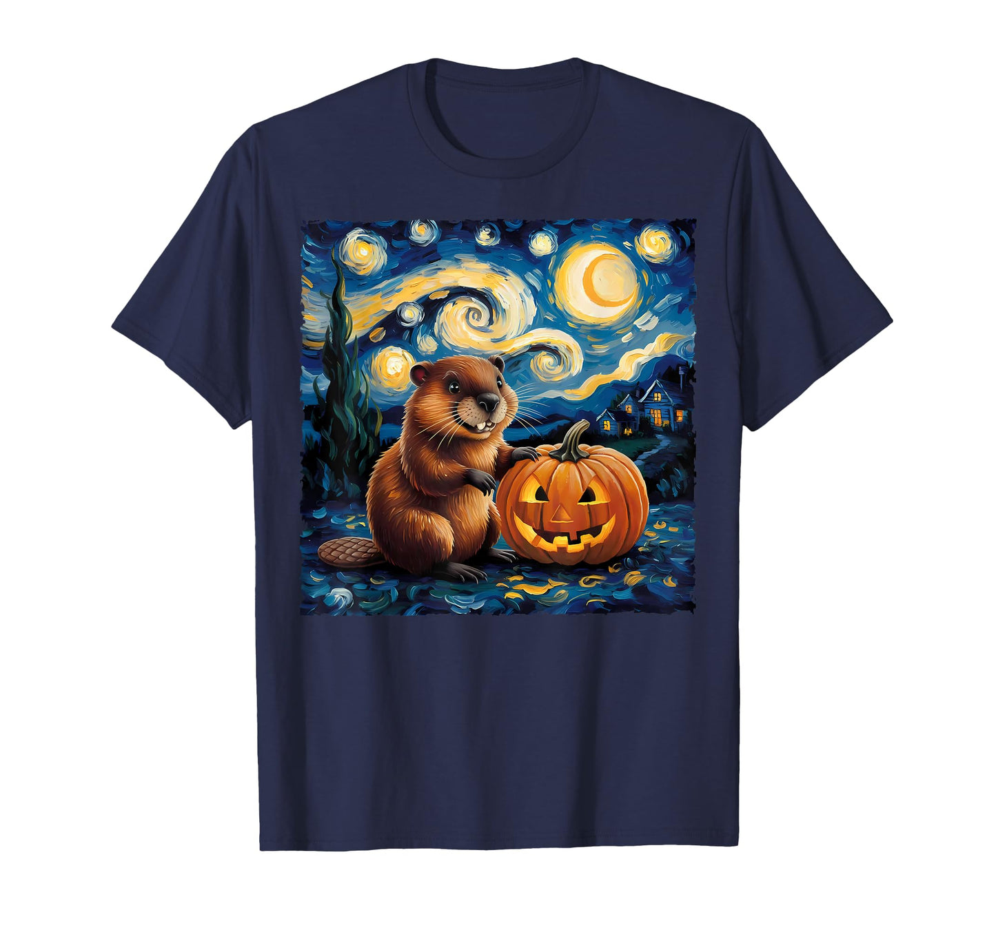 Beaver Pumpkin Van Gogh's The Starry Night Halloween Design T-Shirt