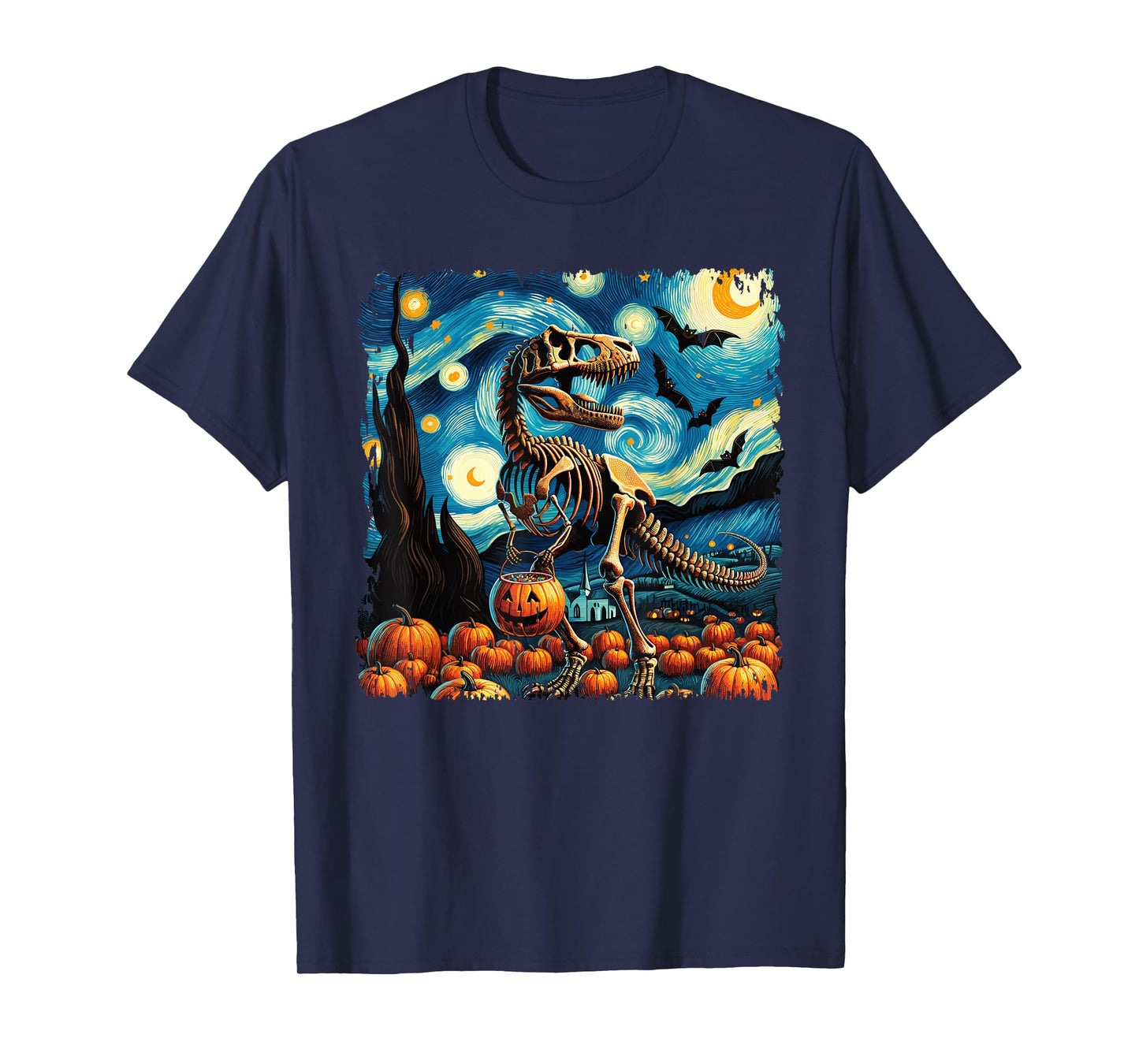 T-Rex Skeleton Halloween Van Gogh Starry Night Fall Pumpkin T-Shirt