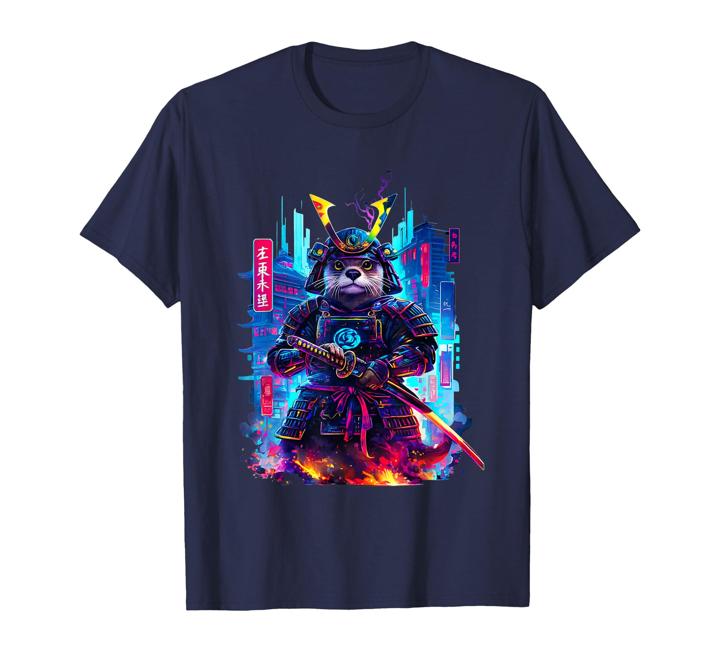 Otter Katana Cyberpunk Neon Samurai Japanese Art T-Shirt