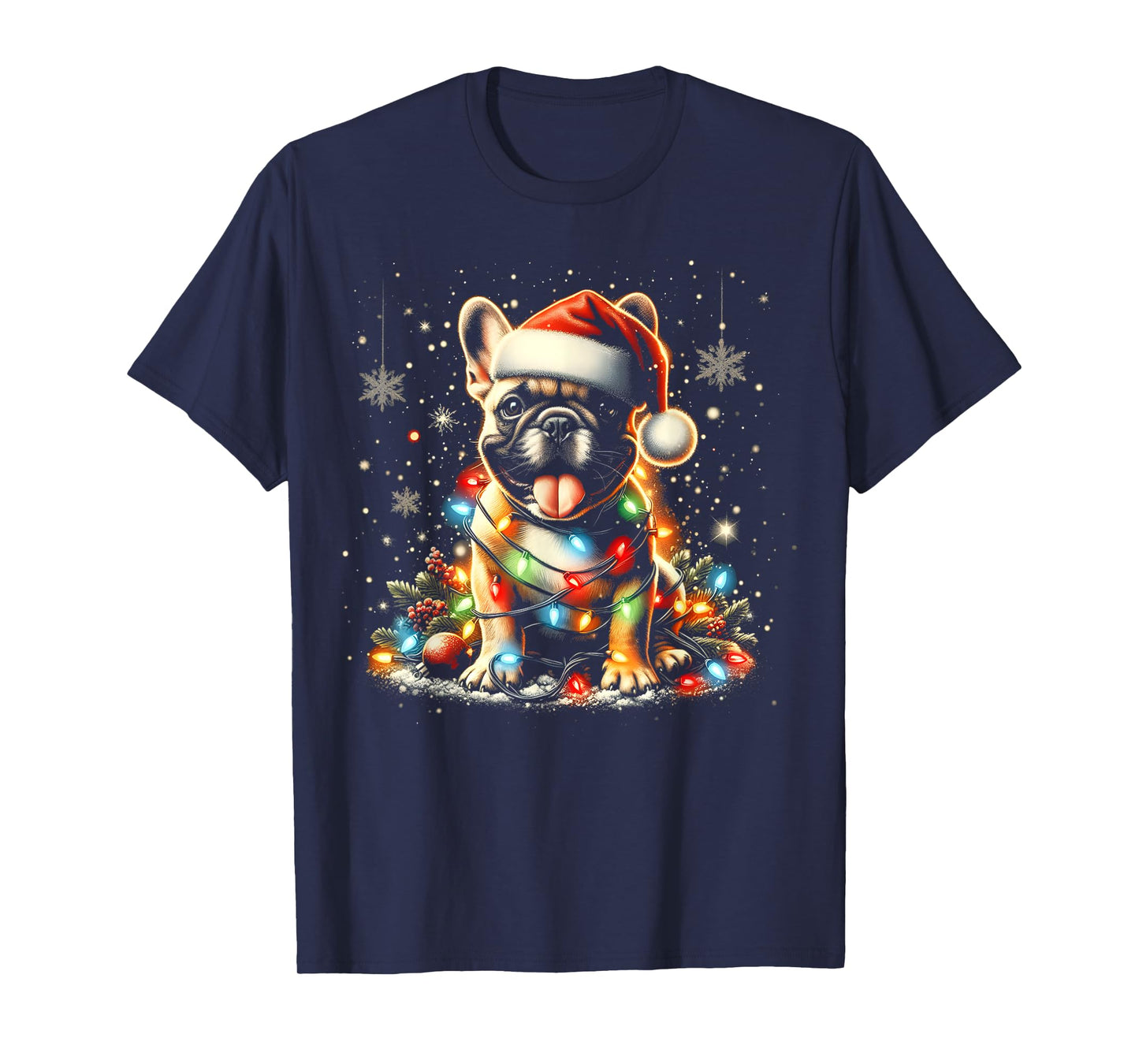 Frenchie Christmas French Bulldog with Santa Hat & Lights T-Shirt