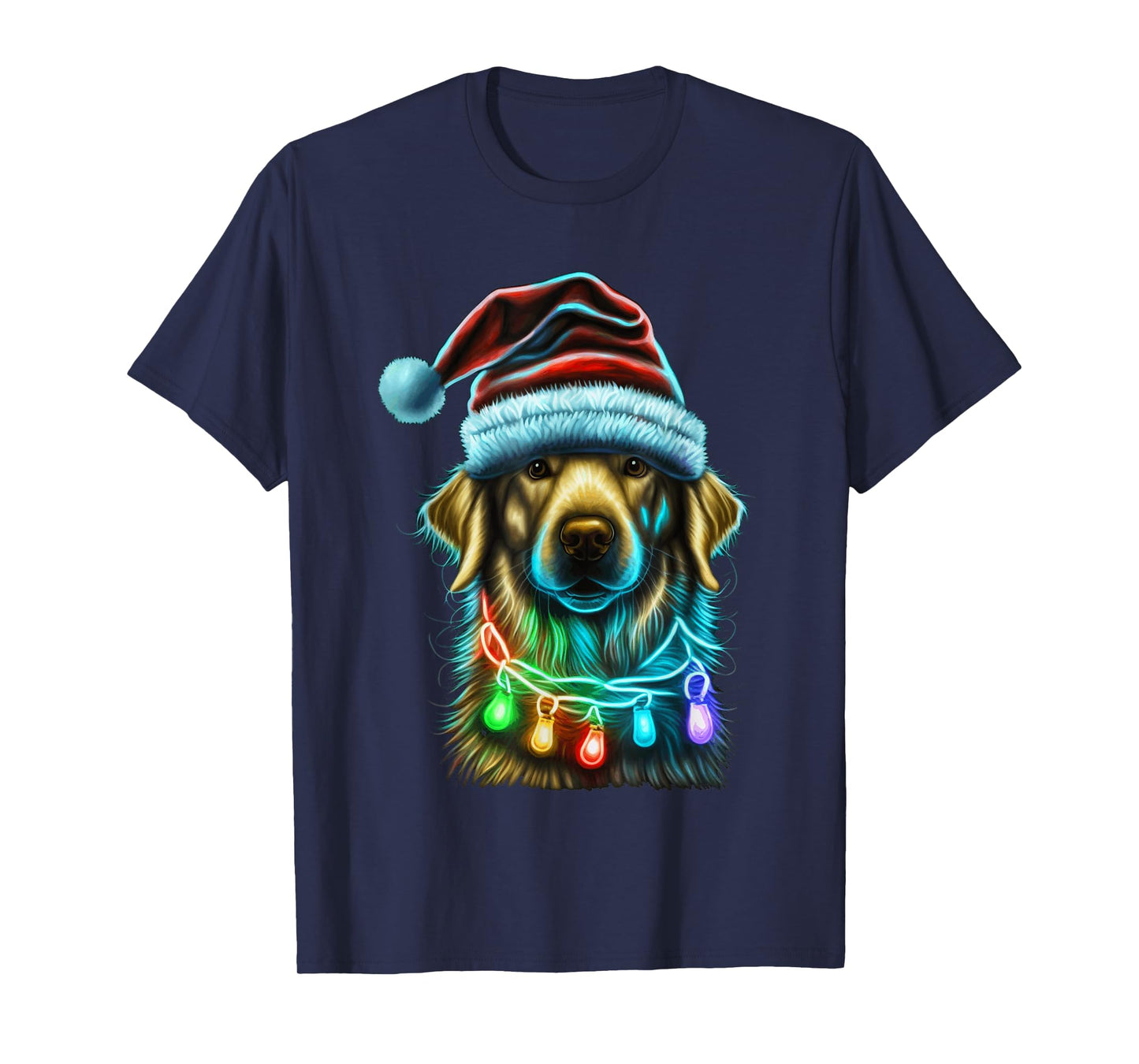Golden Retriever Funny dog Christmas Santa Hat lights tree Men Women Kids T-Shirt