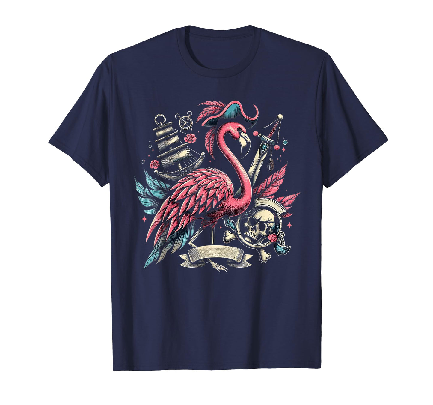 Funny Pirate Freebooter Jolly Roger Pirate Flamingo T-Shirt